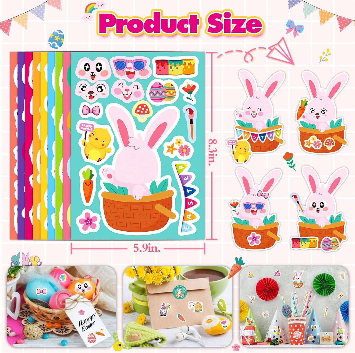 YAMIOW 36 Sheets Easter Stickers Cute Easter Bunny Egg Basket Stickers, Make Your Own Easter Rabbit Stickers for Kids, Easter Craft Stickers for Cards Envelopes Party Favor Supplies