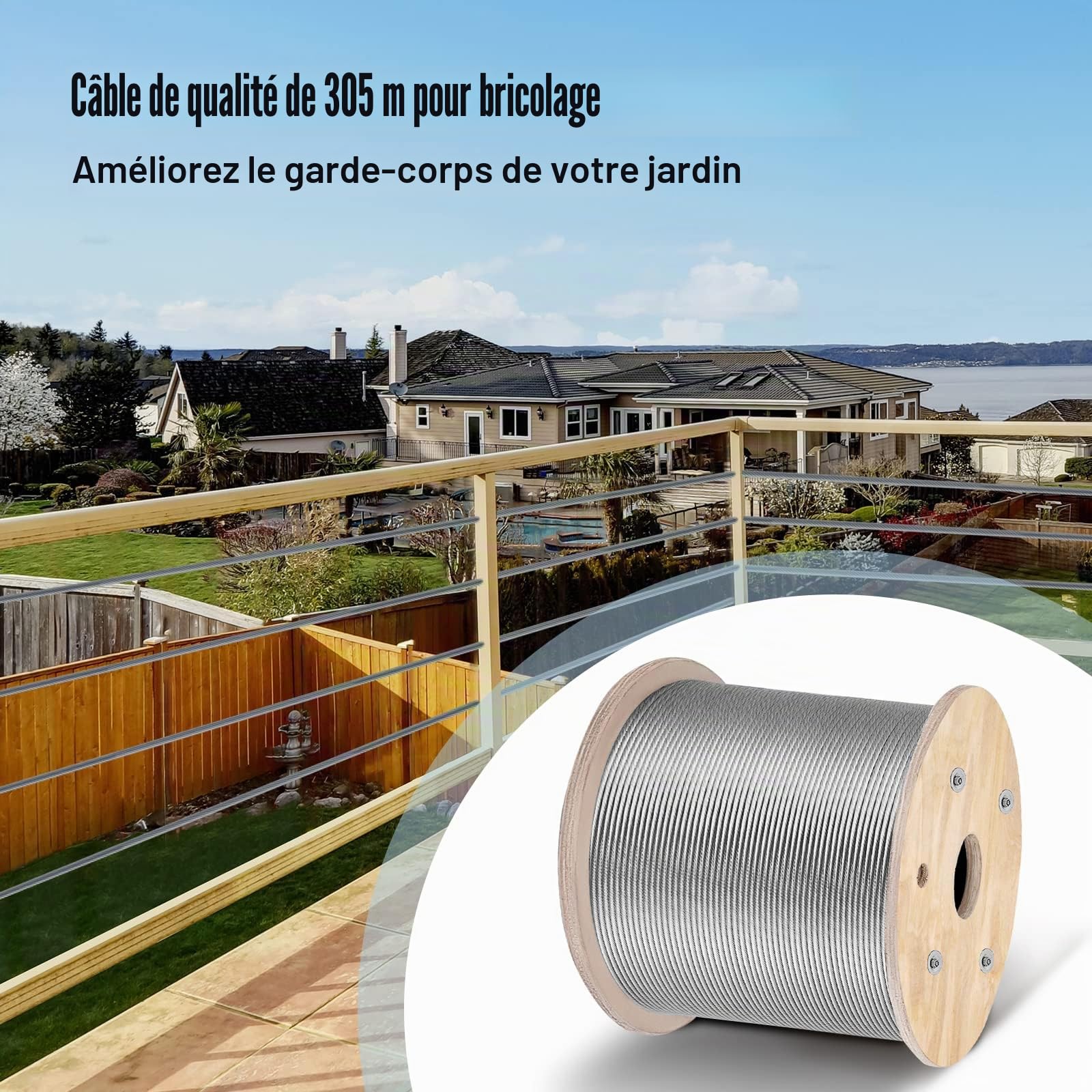 VEVOR Câble en acier inoxydable, 4,8 mm x 305 m, câble métallique inox 316 1x19 qualité marine pour garde-corps, balustrade, guirlande lumineuse à suspendre, clôture de porche, balustre de bricolage