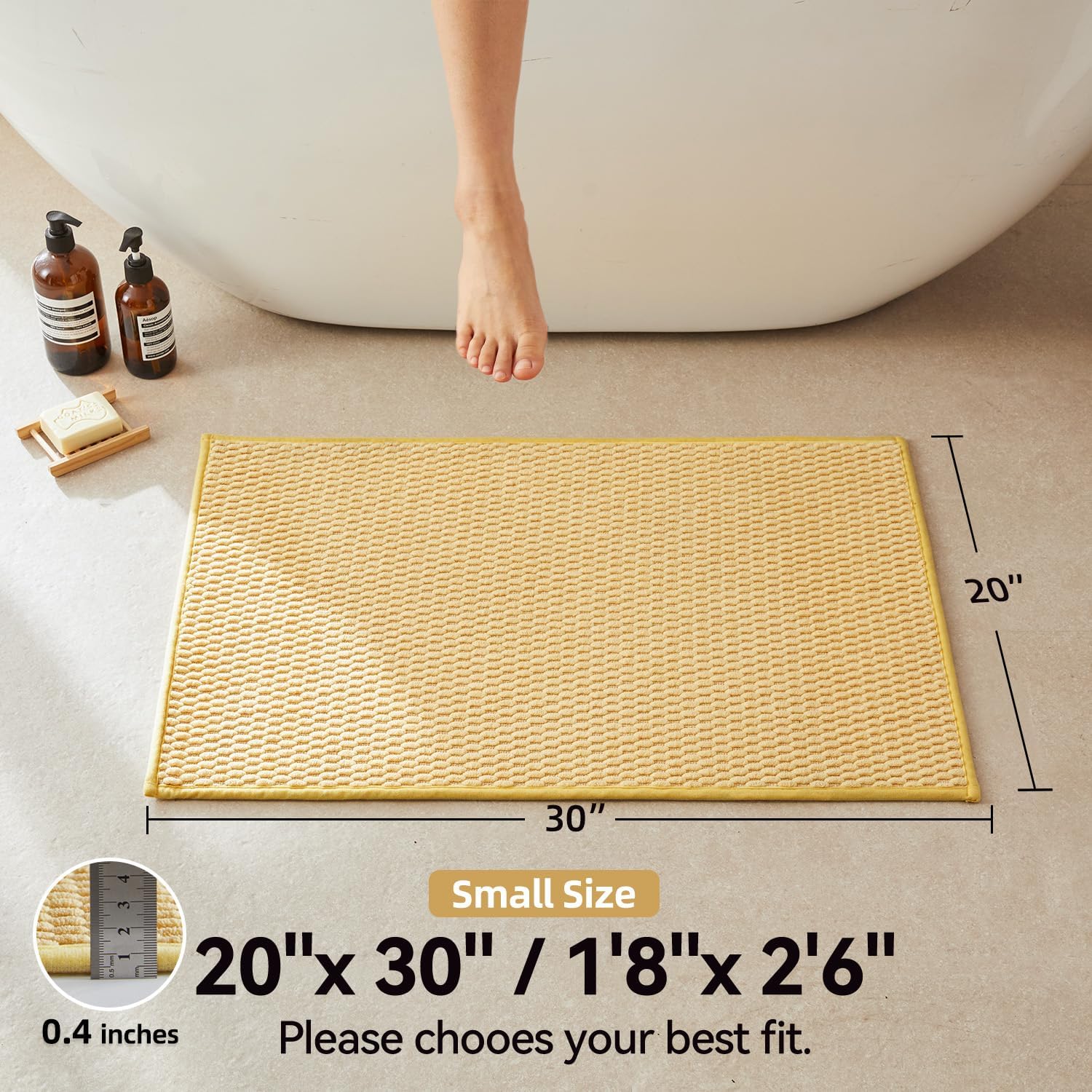 Triohero Bathroom Rugs Non Slip Washable, Super Absorbent Thin Bath Mat Small Quick Dry Low Pile Bathroom Rug, Yellow 20"x30"