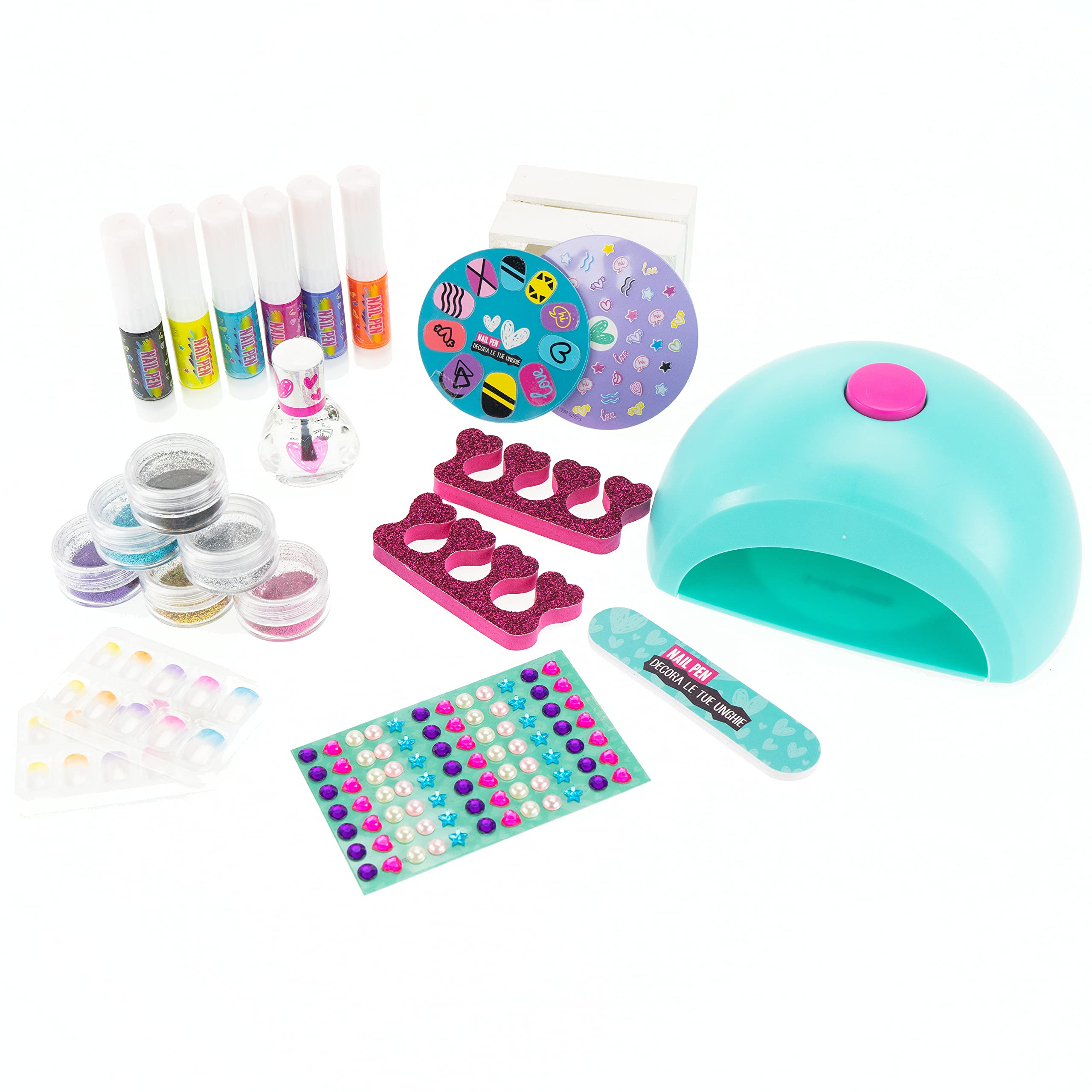Nice Group - Creative Nail Pen Mega Set, Kit con secador de uñas para Decorar con Pegatinas, Esmalte de uñas, Polvo de Purpurina, Gemas 3D