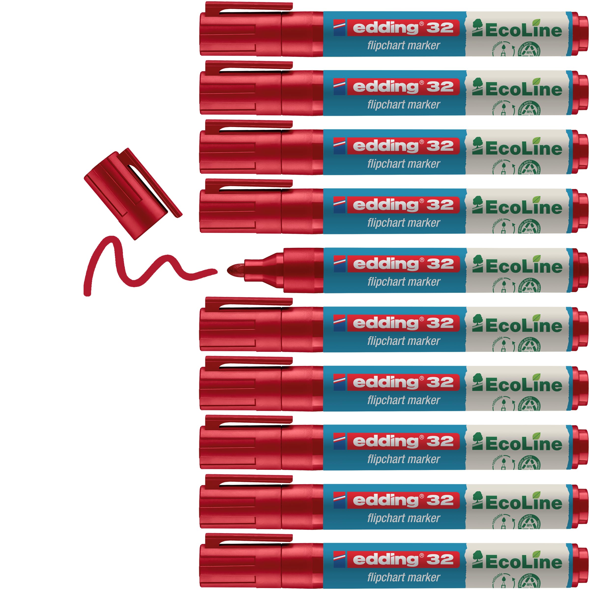 edding 31 Ecoline flipchart Marker - red - Box of 10 - Round Nib 1,5-3 mm - Marker for Writing, Drawing on flipchart Paper - Does not Bleed Through - Does not Dry Out - refillable