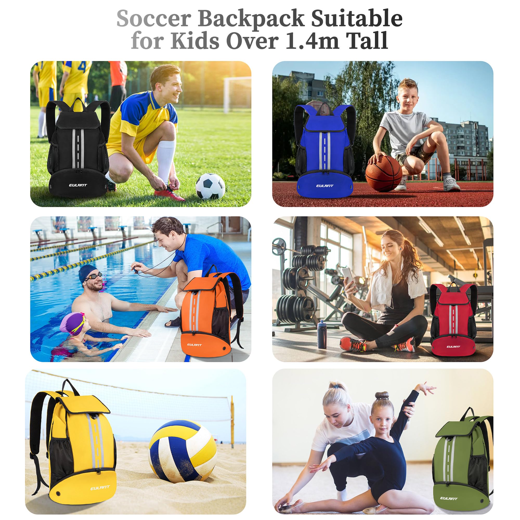 EULANT Zaini da Calcio con Scomparto per Scarpe, Zaini Sportivi Impermeabili per Pallacanestro/Nuoto/Campeggio/Allenamento/Spiaggia, Zaino con Scomparto Inferiore, Versione Base, 47 x 32 x 15 cm