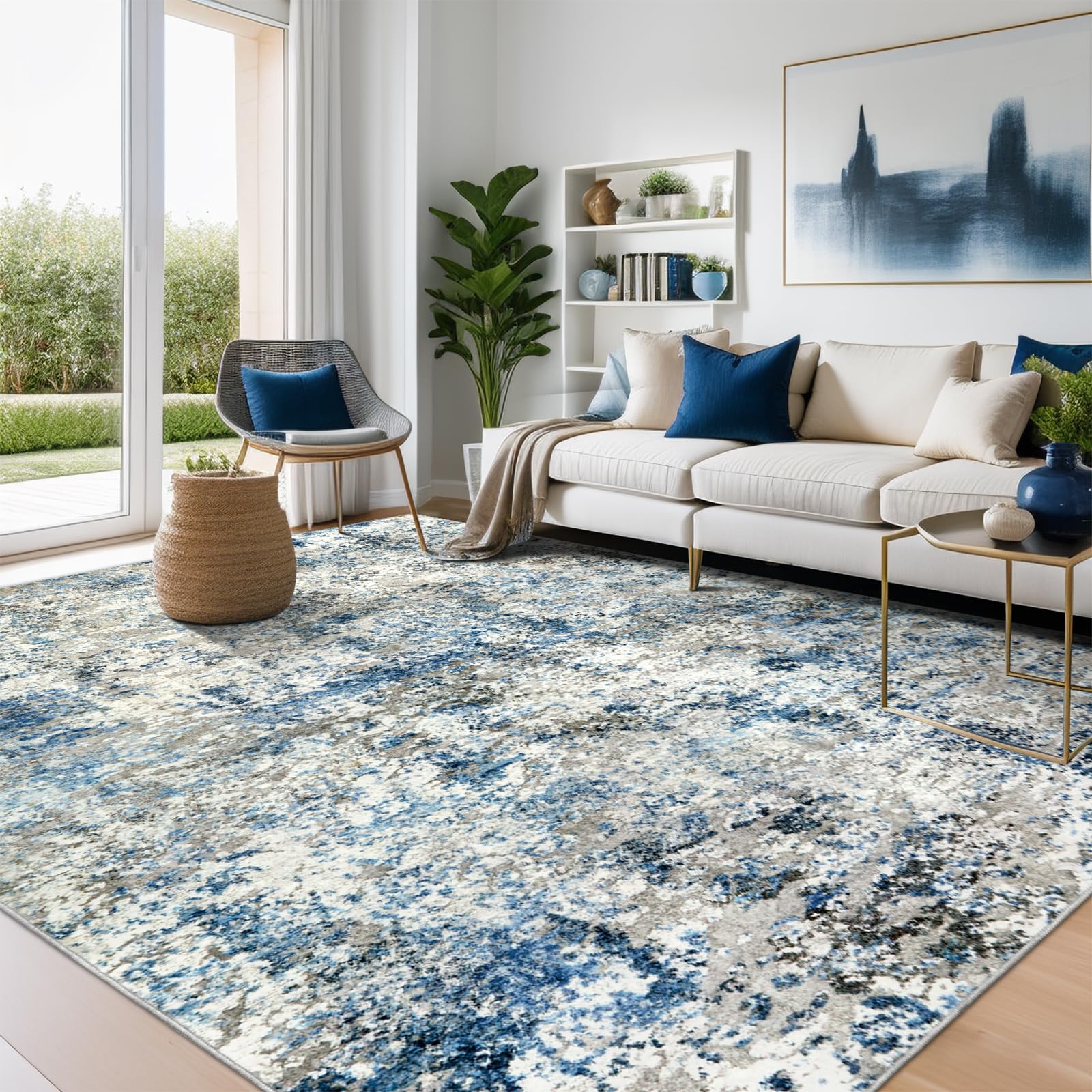 Area Rug Living Room Rugs - 5x7 Modern Abstract Large Soft Machine Washable Rug Stain Resistant Non Slip Faux Wool Low Pile Accent Carpet for Bedroom Dining Home Studio College Office - Grey/Blue
