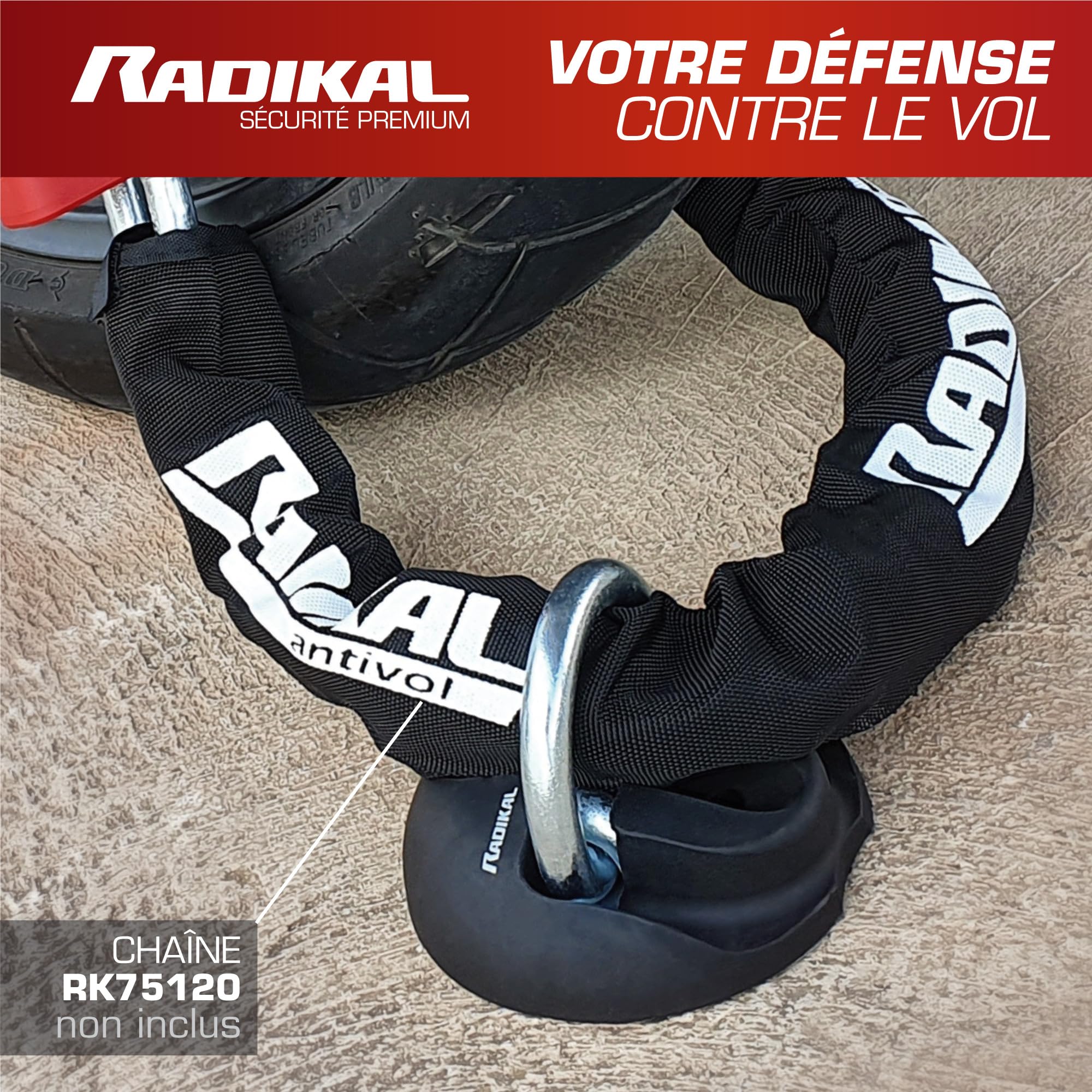 RADIKAL RK54 Ancrage au Sol pour Moto à Haute Sécurité, Arceau Soudé ø14 Repliable en Acier Cémenté, 4 Boulons d'Expansion, Antivol de Sécurité Fixation Moto Velo Mur Ancre Garage Chaine Parking