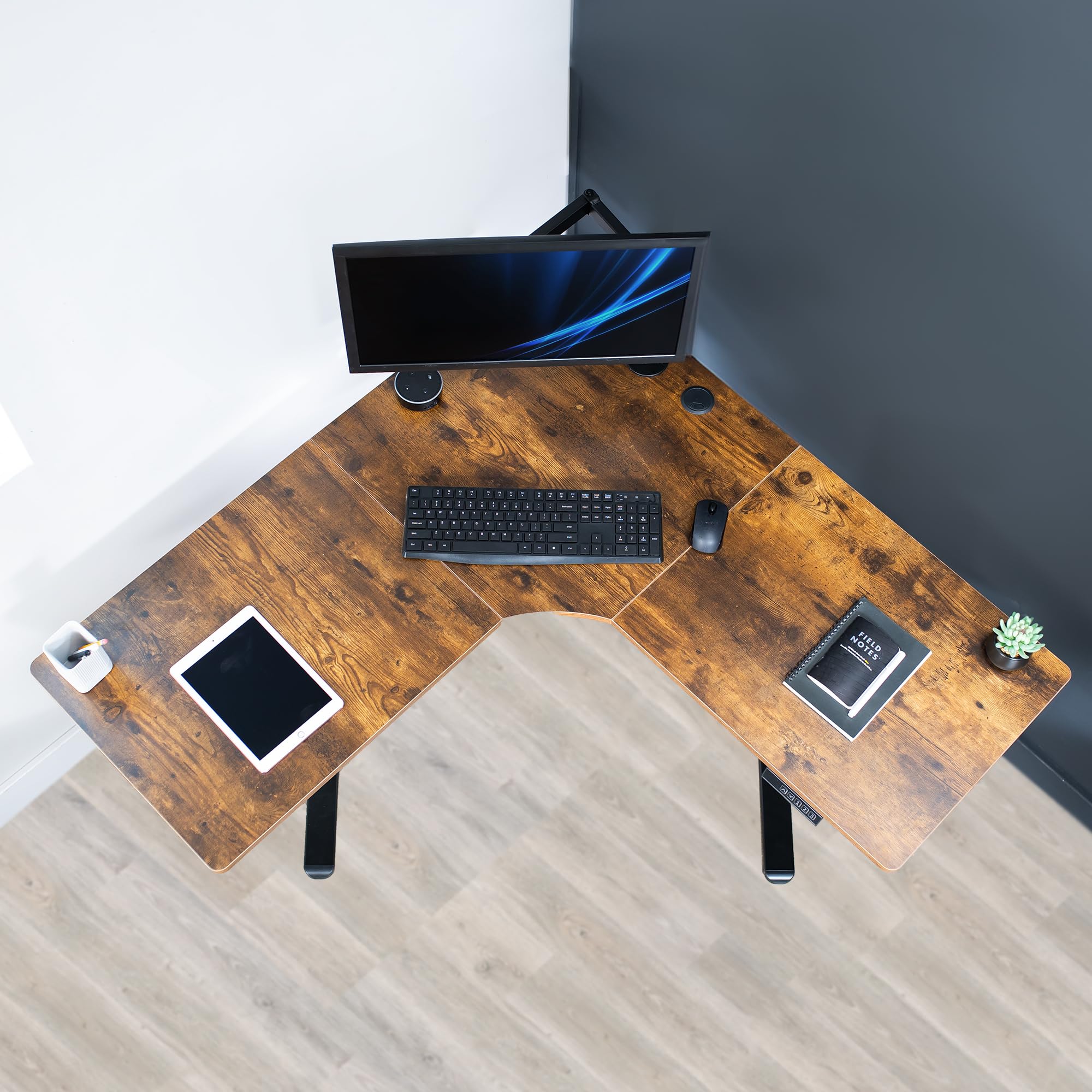 VIVO Electric Corner L-Shaped 47 x 47 in Standing Desk Memory Height Adjustment Rustic Vintage Brown Top Black — view 7