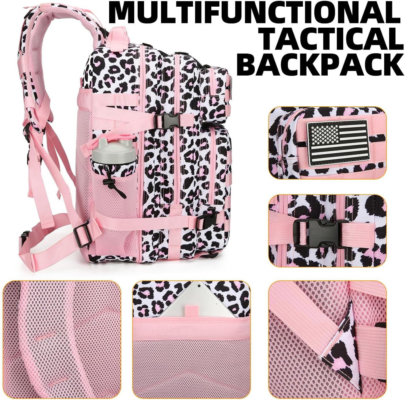 25L Tactical Backpack for Men and Women Military Backpack Small Assault Pack Molle Backpack Bug Out Bag Travel Rucksack Daypack (Pink Leopard) - Image 5