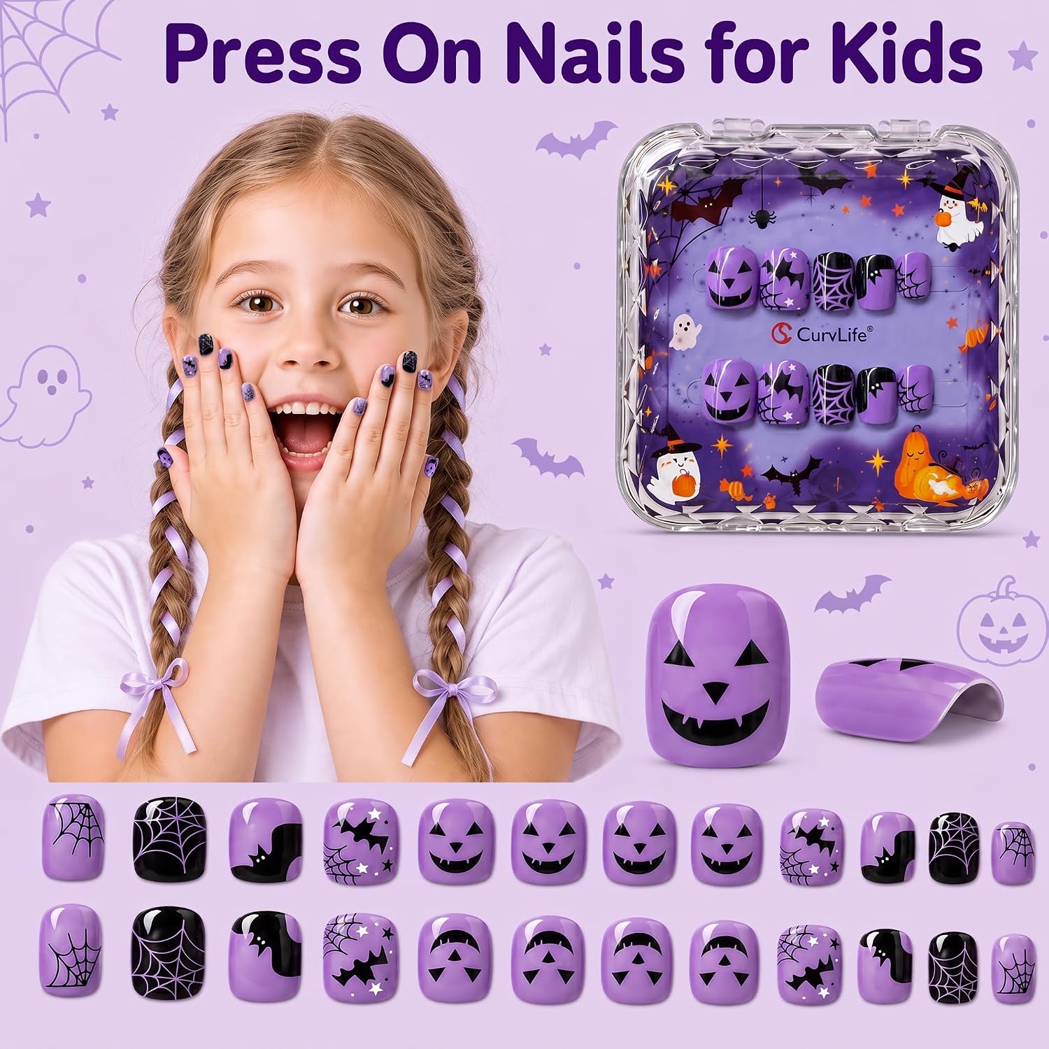 CurvLife Halloween Press On Nails for Kids, Short Square, Violet Trick