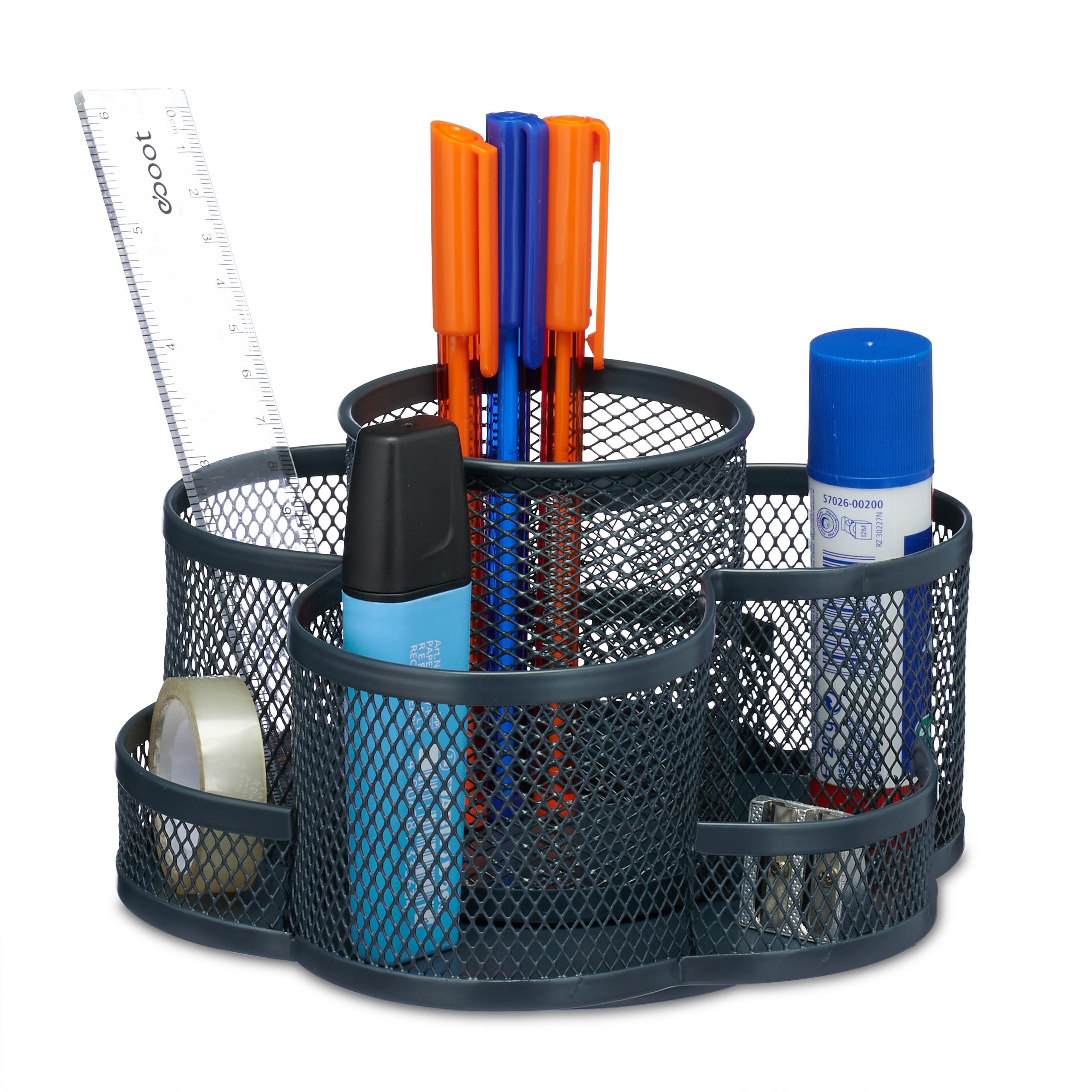 Relaxdays Pen Holder, Rotatable, 7 Compartments, H x W x D: 10.5 x 16 x 17 cm, Metal, Grey