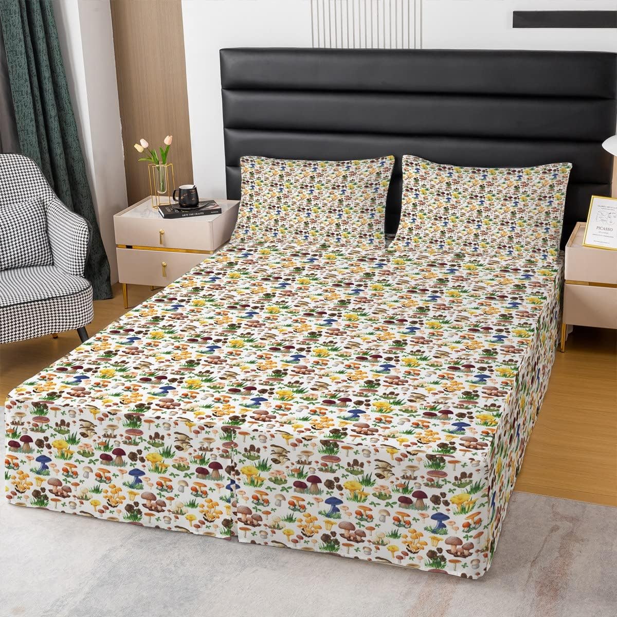 Feelyou Flamingos Sheet & Wrap Around Bed Skirt for Kids Boys Girls 14 Inch Drop Tropical Animals Dust Ruffle Bedskirt Palm Leaves Pleated Bed Skirt for Queen Bed with Split Corners