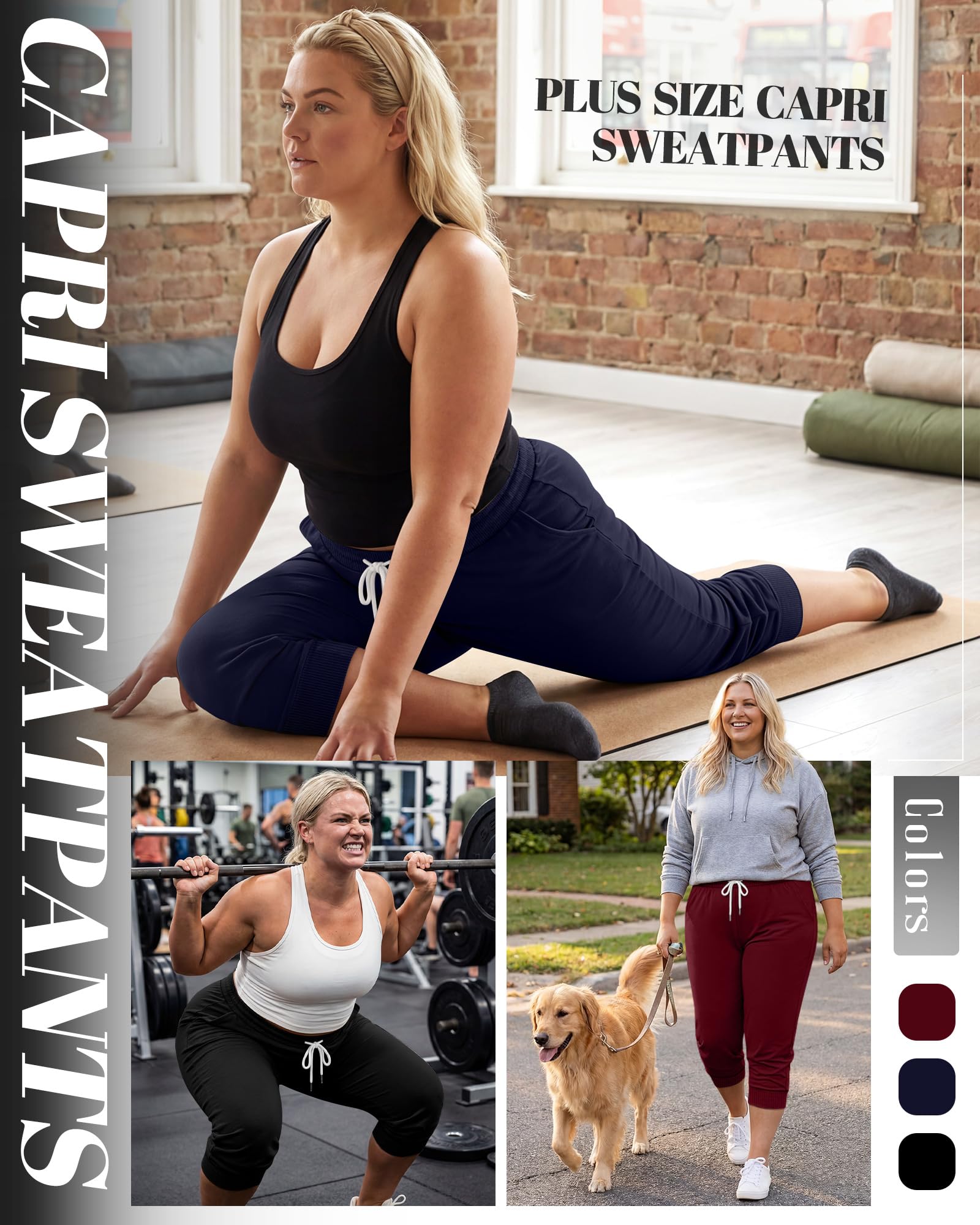 Neer Lot de 3 capris grande taille pour femme, pantalon capri en coton, pantalon de survêtement court et décontracté, avec cordon de serrage et poches