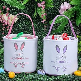 XinblueCo Easter Bunny Basket Egg Bags for Kids,Canvas Cotton Personalized Candy Egg Basket Rabbit Print Buckets with Fluffy Tail Gifts Bags for Easter