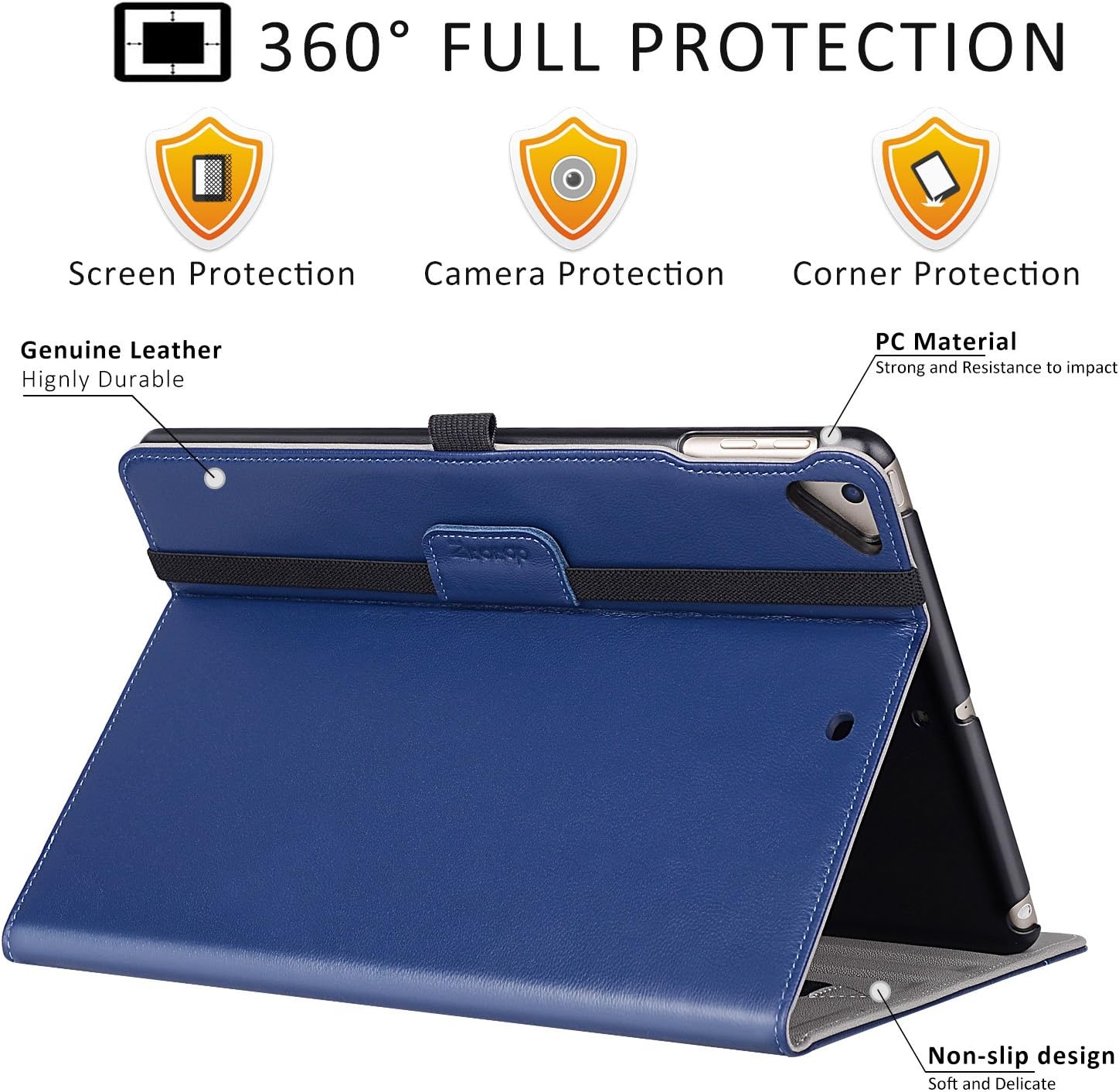 Ztotop Case for iPad 9.7 2018/2017 - 360 Degree Rotating Stand/Genuine Leather Cover with Auto Wake/Sleep, Pencil Holder,Card Pocket for New iPad 9.7'' 5th/6th Gen, iPad Air 2/iPad Air,Navy Blue