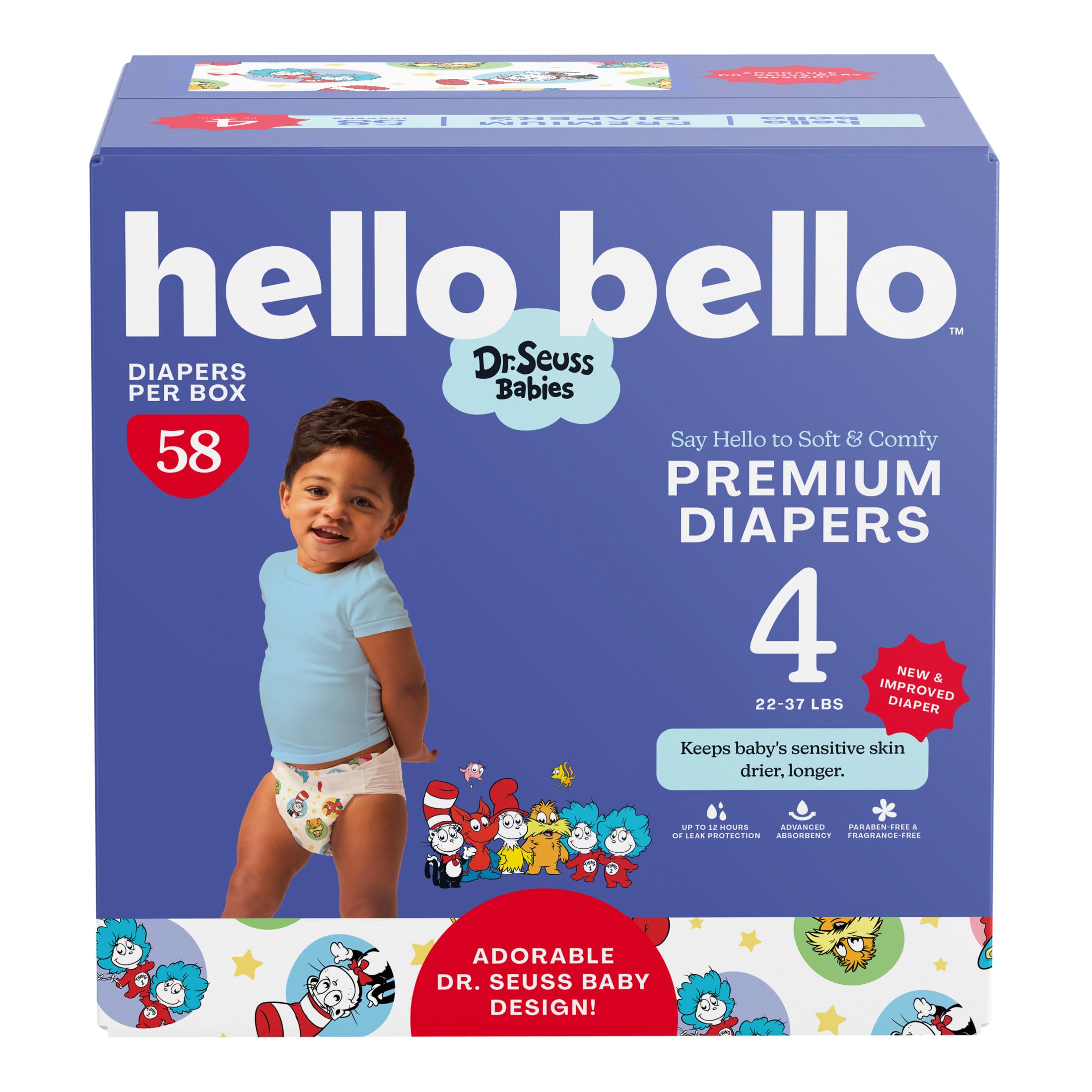Hello Bello Dr. Seuss Babies Premium Diapers, Size 4, 58 Count: Softness &amp; Protection for Sensitive Skin
