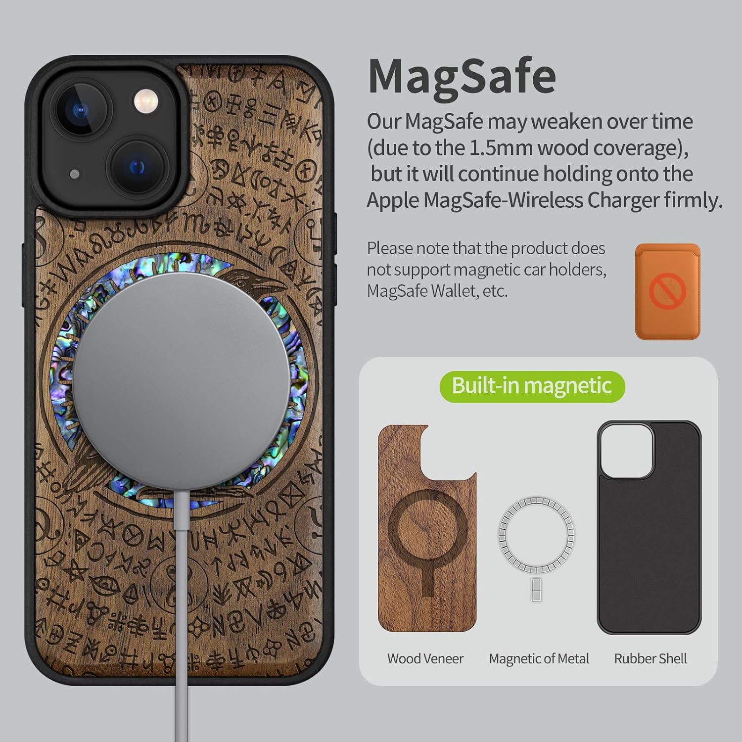 Carveit Designer Wooden Magnetic Case for iPhone 14 Case [Wood Engraving & Shell Inlay] Unique Wood Phone Cover Compatible with iPhone 14 MagSafe 6.1 Inch (Witchcraft Raven-Walnut)
