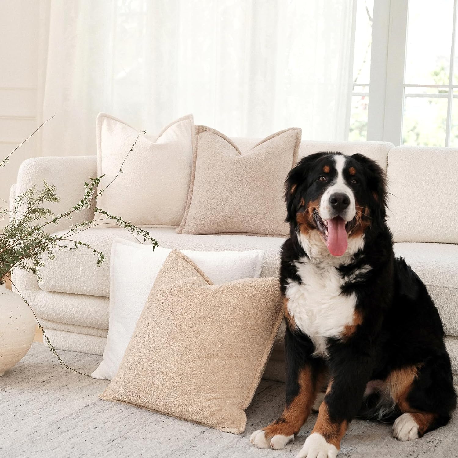 Neutral Throw Pillow Covers Set of 2 (18x18 Inch, White) - Sherpa Fleece Flange Edge for Couch, Bed & Living Room