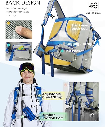 Miniatura 6 de Mochila para botas de esquí, 61 litros, totalmente acolchada, bolsa de equipo de esquí y snowboard, mochila de viaje para casco de esquí, gafas,
