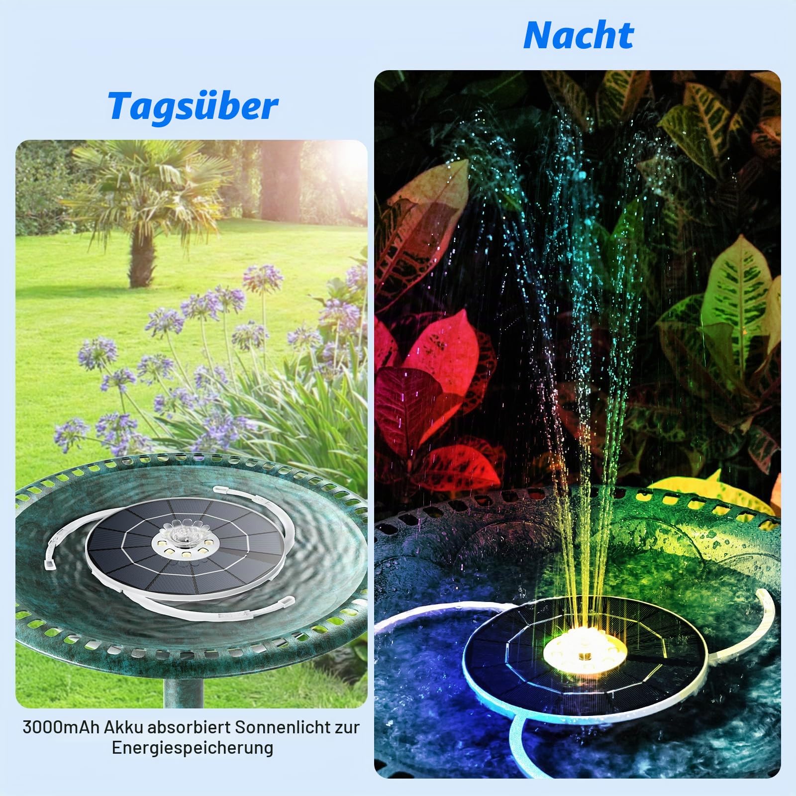 AISITIN 3,5W LED Solar Springbrunnen für Außen nur Nachts mit 3000mAh Akku