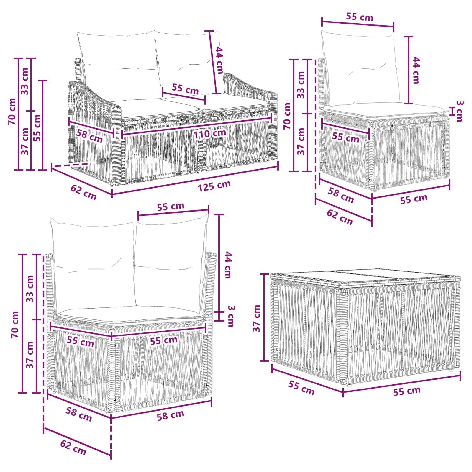 Set di divani da giardino in polyrattan da 12 pezzi, colore nero | Salotto angolare modulare per terrazza e giardino con 11 posti e fodere lavabili.