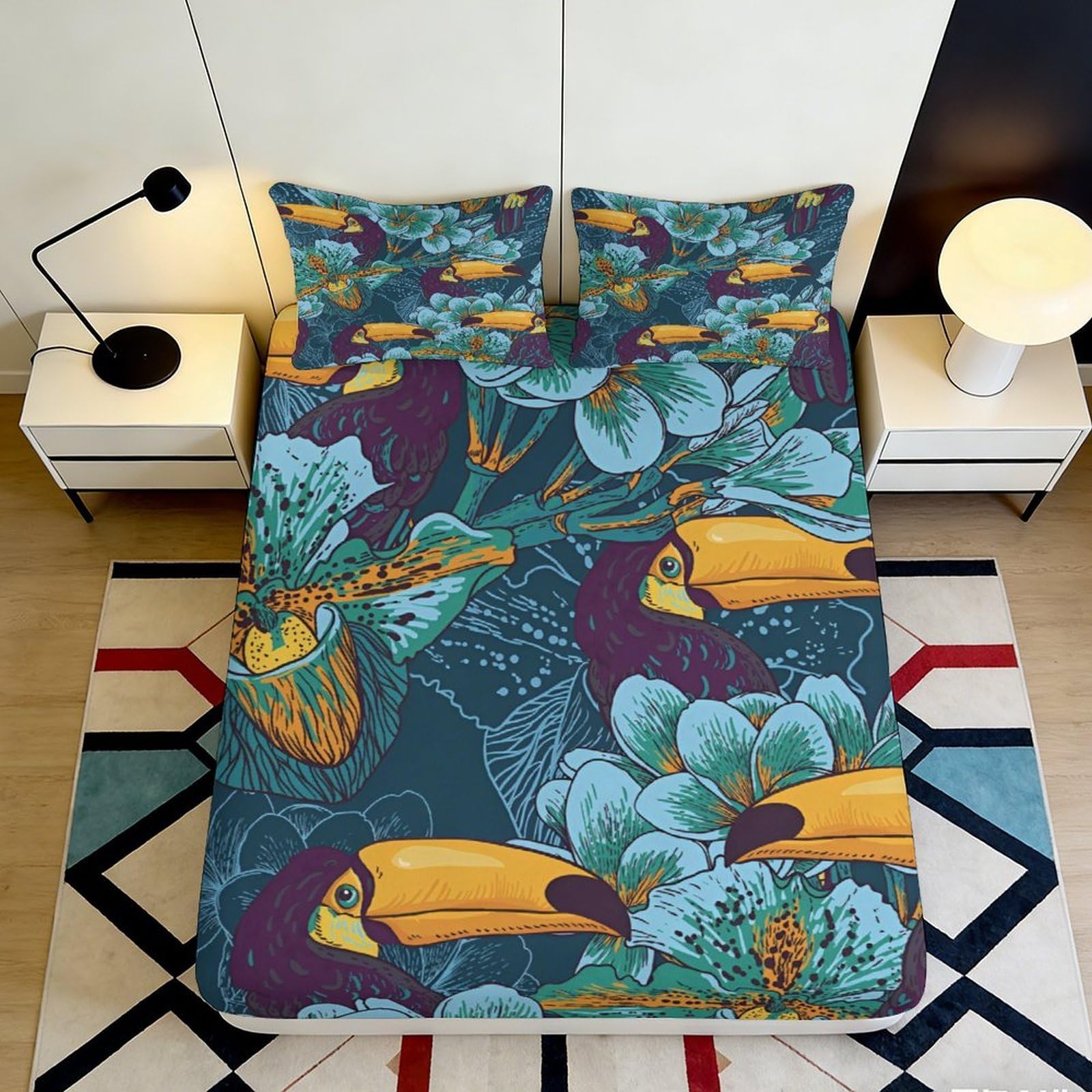 3D Printed Tropical Toucan Fitted Sheet Microfiber Vibrant Jungle Flowers Mattress Cover for Bedroom Decor 180x200x25cm