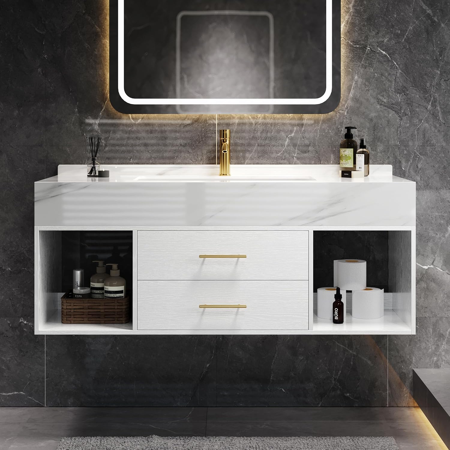 homary 35.4" Floating Bathroom Vanity with Sink, Modern Wall-Mounted Vanity Bathroom Cabinet with Sintered Stone Countertop, Undermount Sink & White, 2 Open Storage Shelves