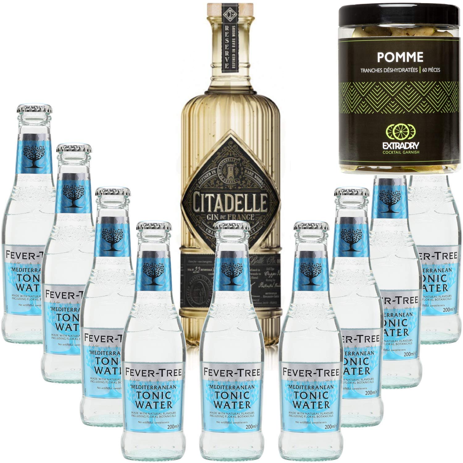 Paquete Gintonic - Gin Citadelle Reserva 9 del árbol de fiebre mediterránea Agua - (70cl 20cl + 9 *) + 60 rodajas de manzana deshidratada de Pot