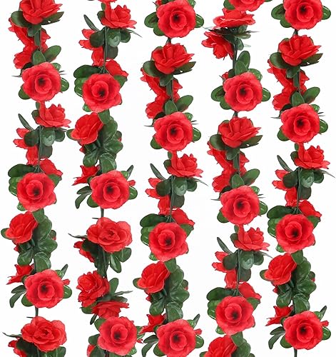 CEWOR 5 rosas falsas, rosas rojas artificiales para habitación, aniversario, boda, cumpleaños, decoración de arco de pared de Navidad