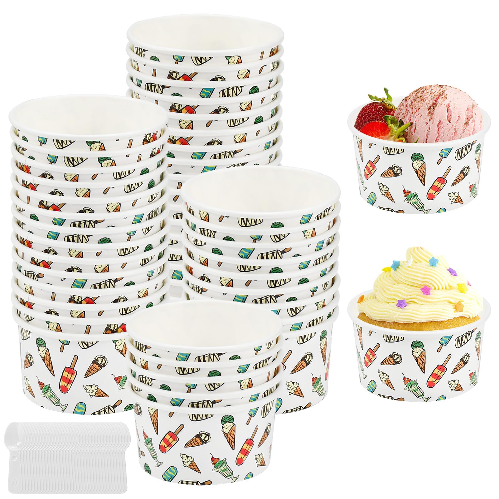 Kleemeiero 50 Stück Eisbecher aus Papier Mit 50 Stück Löffel 125ml Einweg-Kuchenbecher Eisschalen Pappe Pappschalen Dessertbechers für EIS, Dessert, Fingerfood, Joghurt