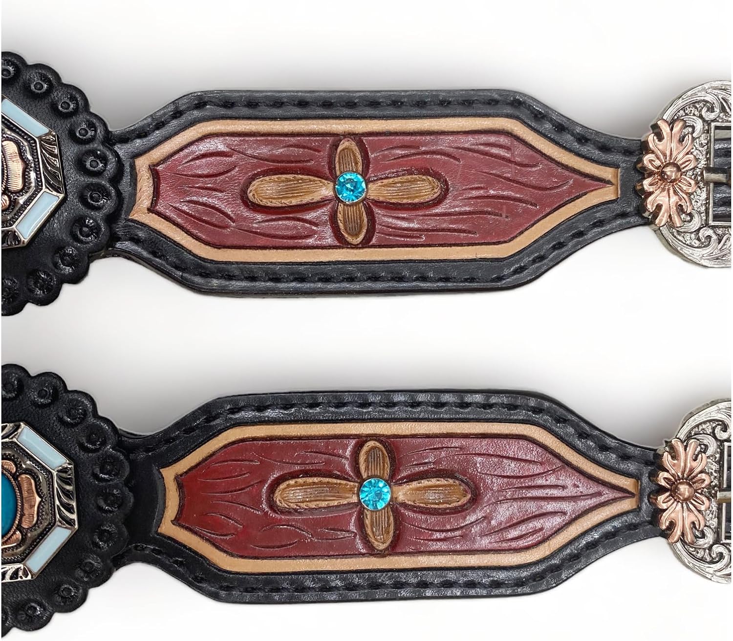 Western Women Spur Strap Set with Turquoise Stone and Engraved Leaves Inlay