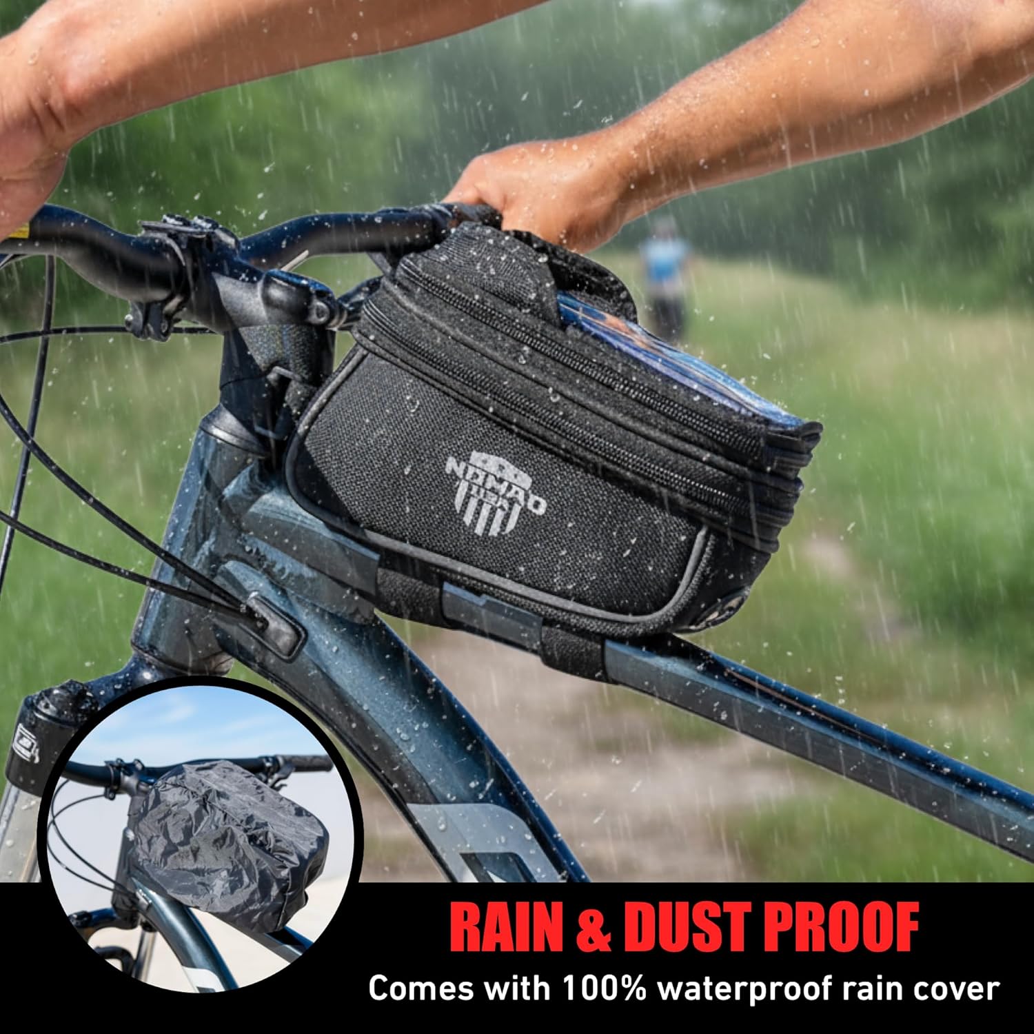 Nomad USA Bicycle Bag, Expandable Bike Tool Pouch Front Frame/Handlebar Bag, Touch Screen Waterproof Cycling Phone Fits All iPhones, Galaxy S25, Pixel Pro, Reflective Top Tube Bag for Bike Accessories