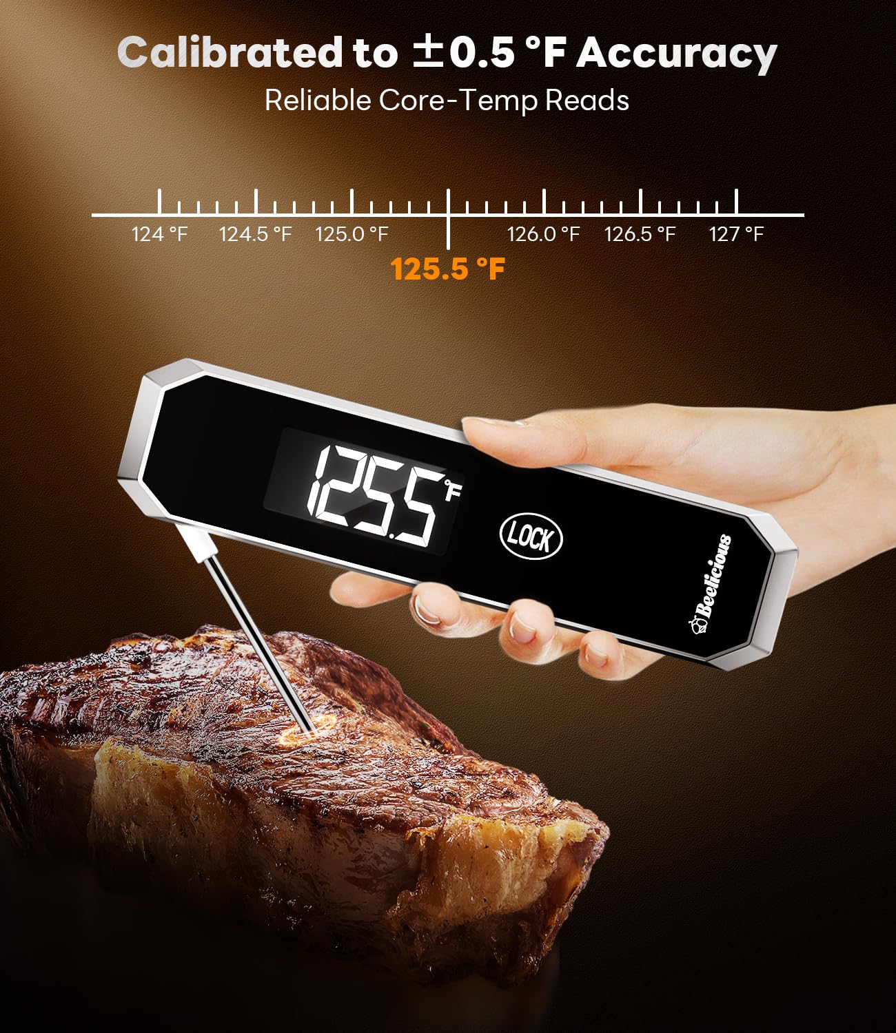 LockView FM151 Termometro per carne con blocco temperatura e ripresa automatica, sonda digitale a lettura istantanea da 0,5 secondi, impermeabile IP67, in acciaio inox 18/8, per cucinare, grigliare