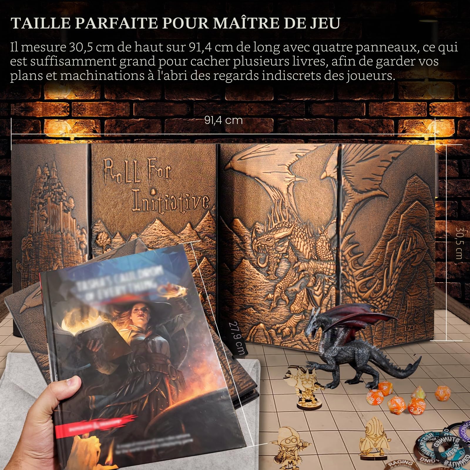 DND Dungeon Master Paravent en Similicuir gaufré Dragon & Mimic, Quatre Panneaux avec Poches, écran DM pour Donjons et Dragon, Pathfinder, D&D