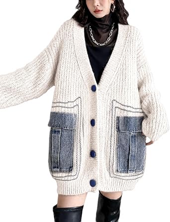 Womens Long Sleeve Patchwork Cardigan Sweater Denim Pockets V Neck Button Down Knit Open Front Coat Outwear