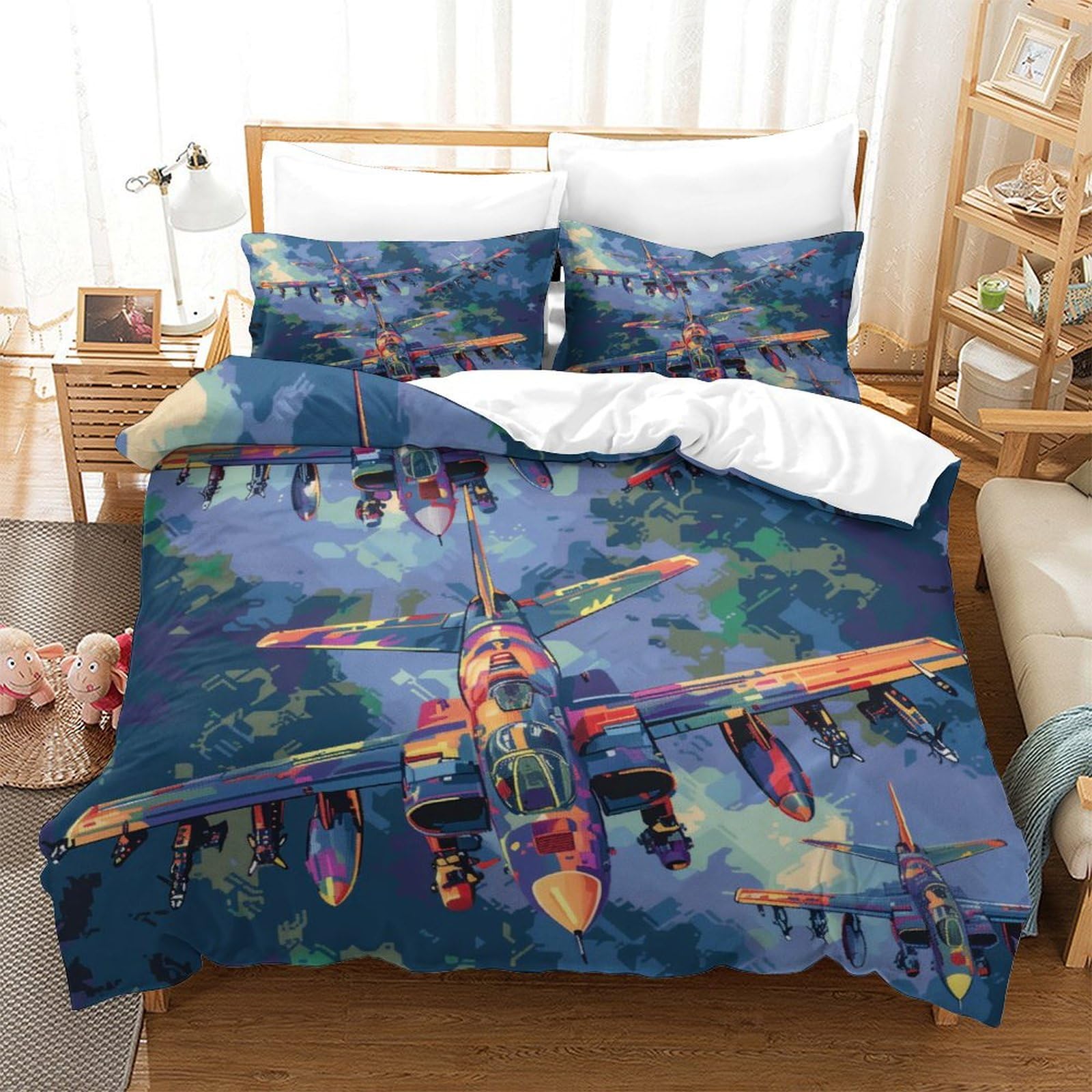 P1s9u7w5y Aircraft 3D Printed Fantasy Blue 3Pcs Microfiber Plane Duvet Cover Set Flight Bedding Set King（220X240cm）