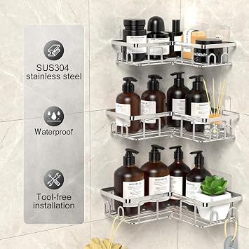 Corner Shower Caddy, Stainless Steel, Silver, 3-Pack | No Drilling, Bathroom Shelf, Bath Storage, With Hooks