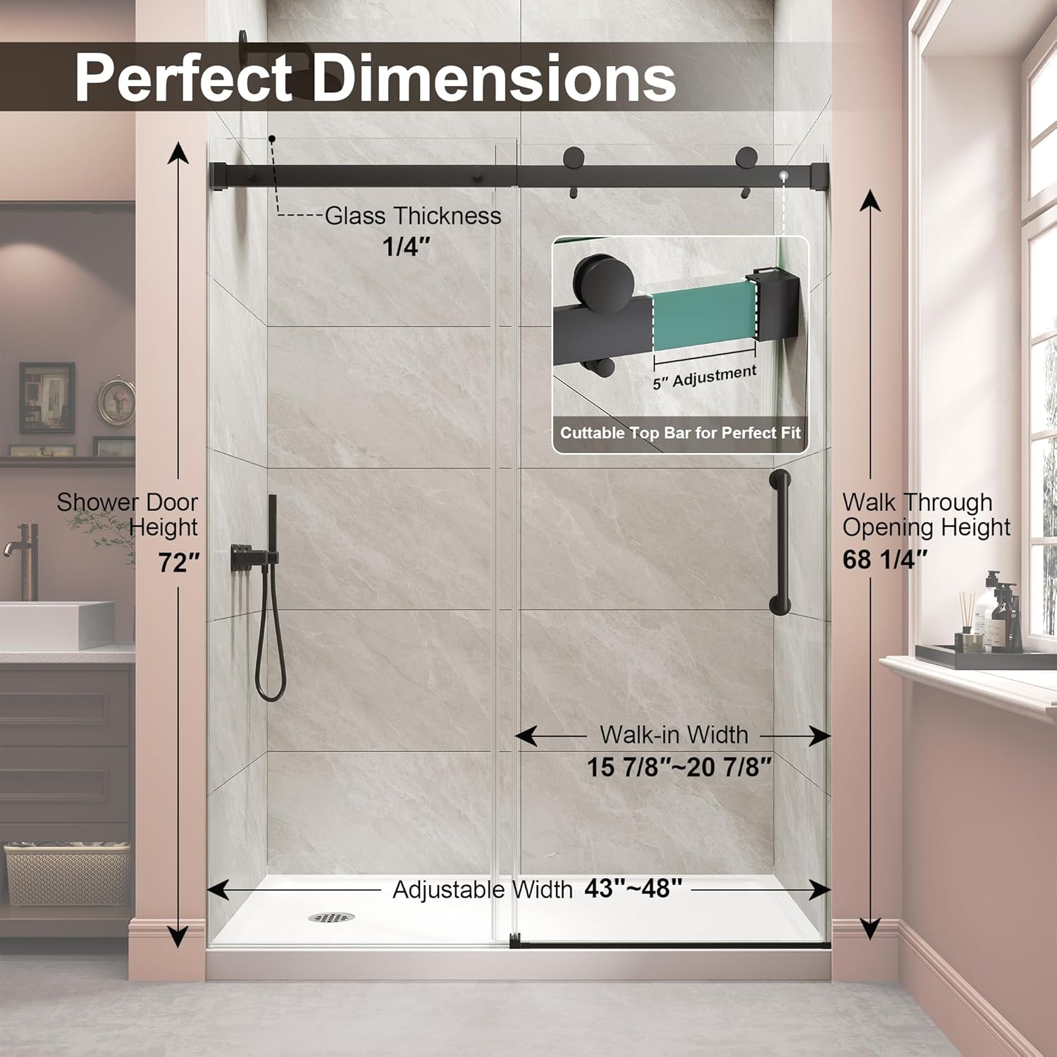 Frameless Shower Door,Single Sliding Glass Shower Door with Nano Coating & Safety Film, Adjustable 43"-48" W x 72" H, Matte Black,1/4" (6mm) SGCC Tempered Glass