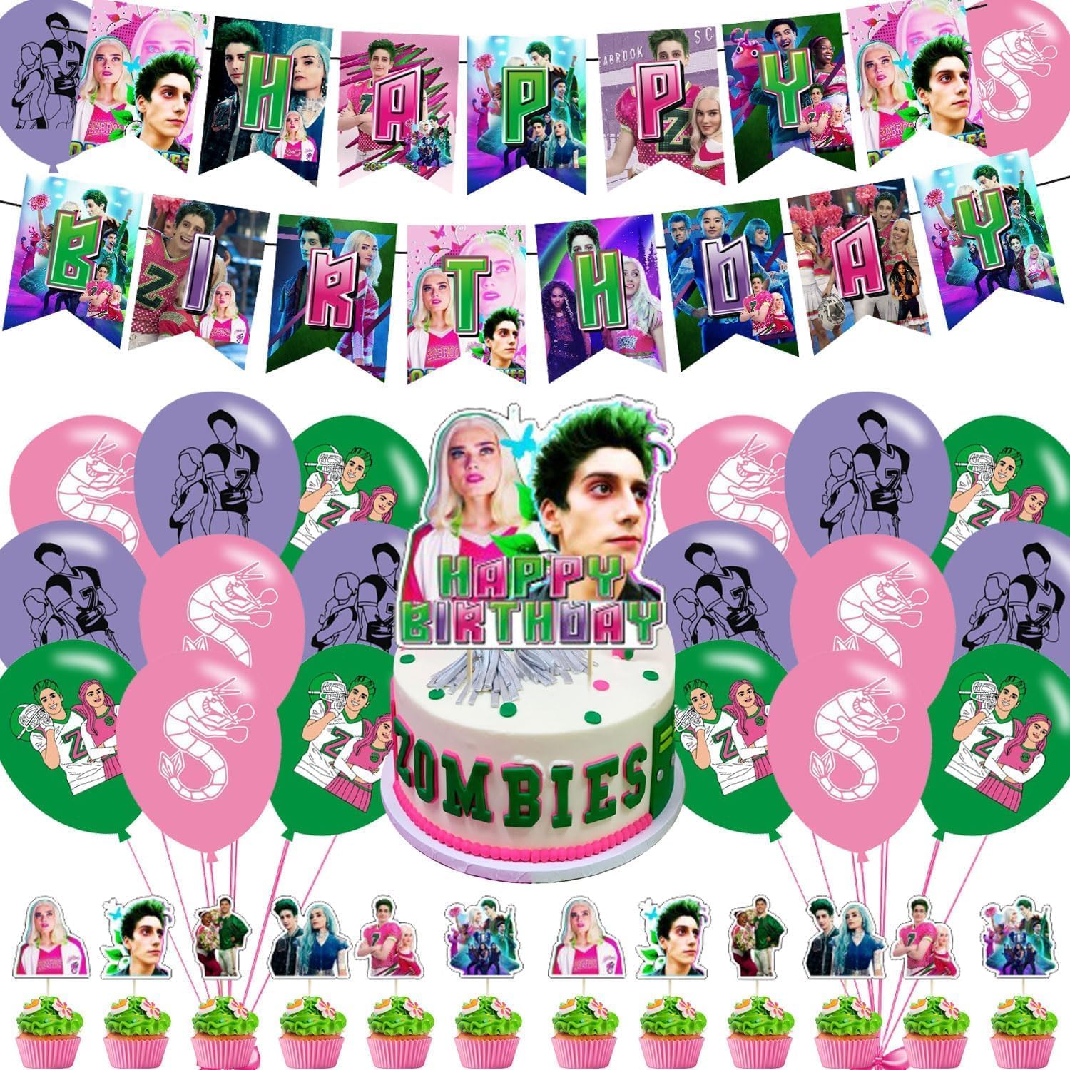 Zombies Party Decorations,Horror Birthday Party Supplies Includes Banner- Cake Topper - 24 Cupcake Toppers - 18 Balloons