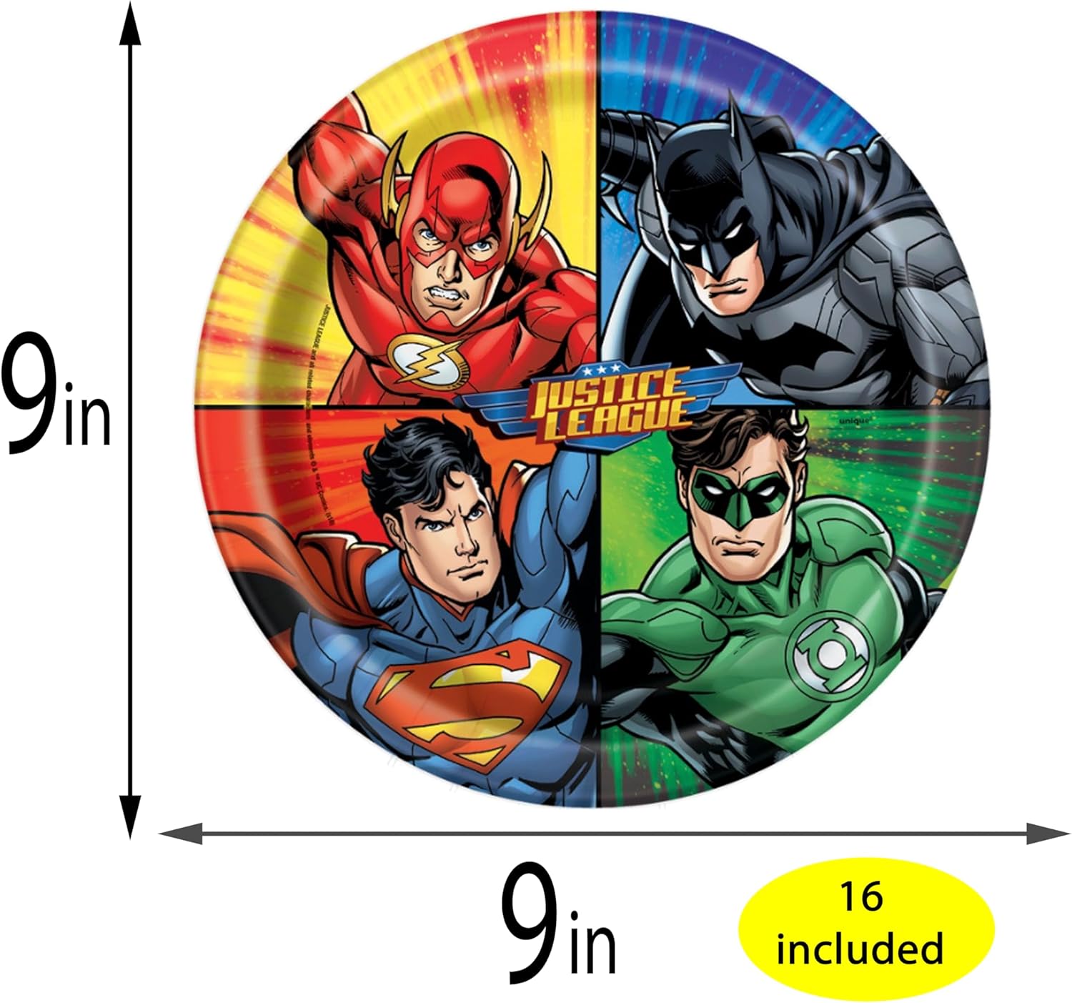 Justice League Party Supplies Pack for 16 Guests – Officially Licensed – Includes 9" Plates, Luncheon Napkins, Cups, Table Cover & Birthday Candles – Superhero Birthday Party Decorations for Kids