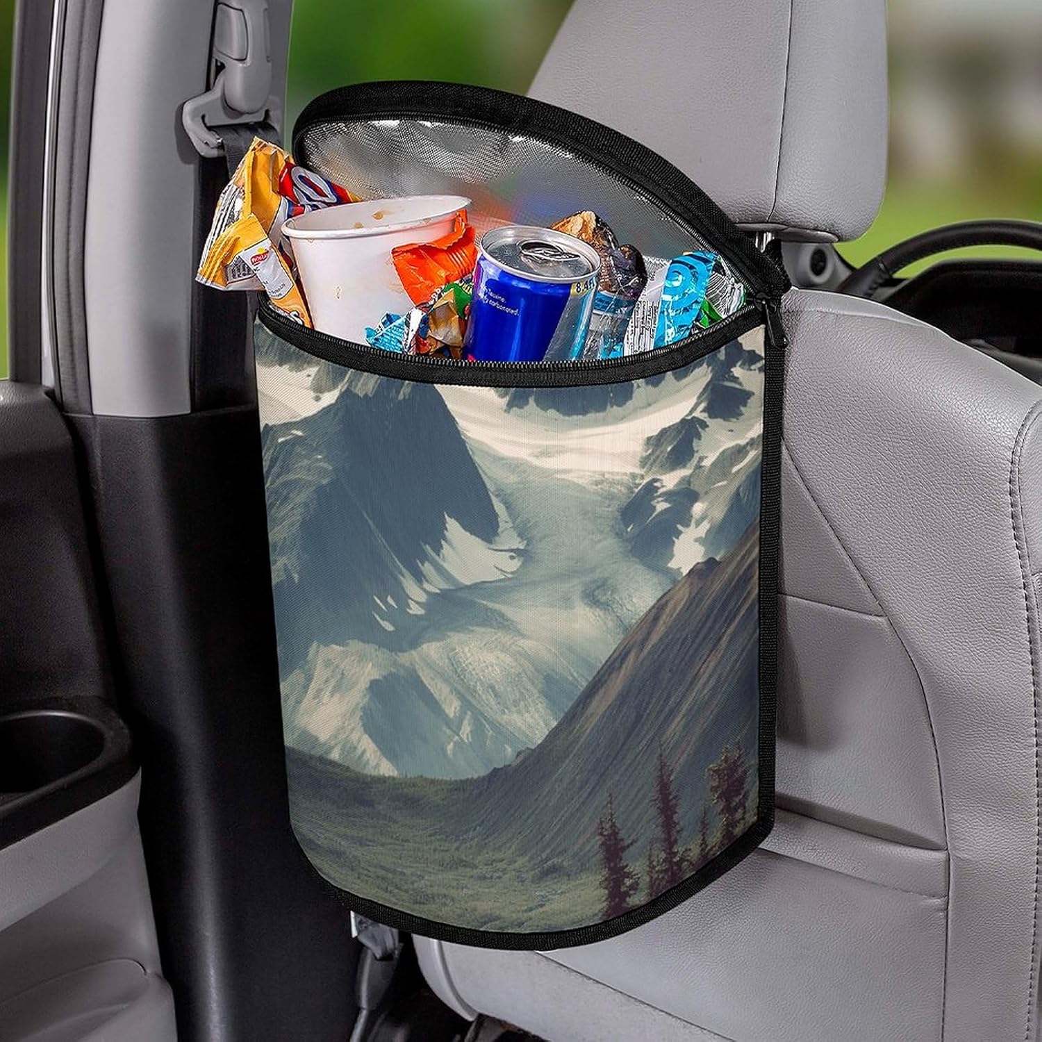 Hanging Car Trash Bag Alaska Mountains Printed Car Garbage Storage Bag Leakproof Car Trash Can Portable Garbage Storage Bags