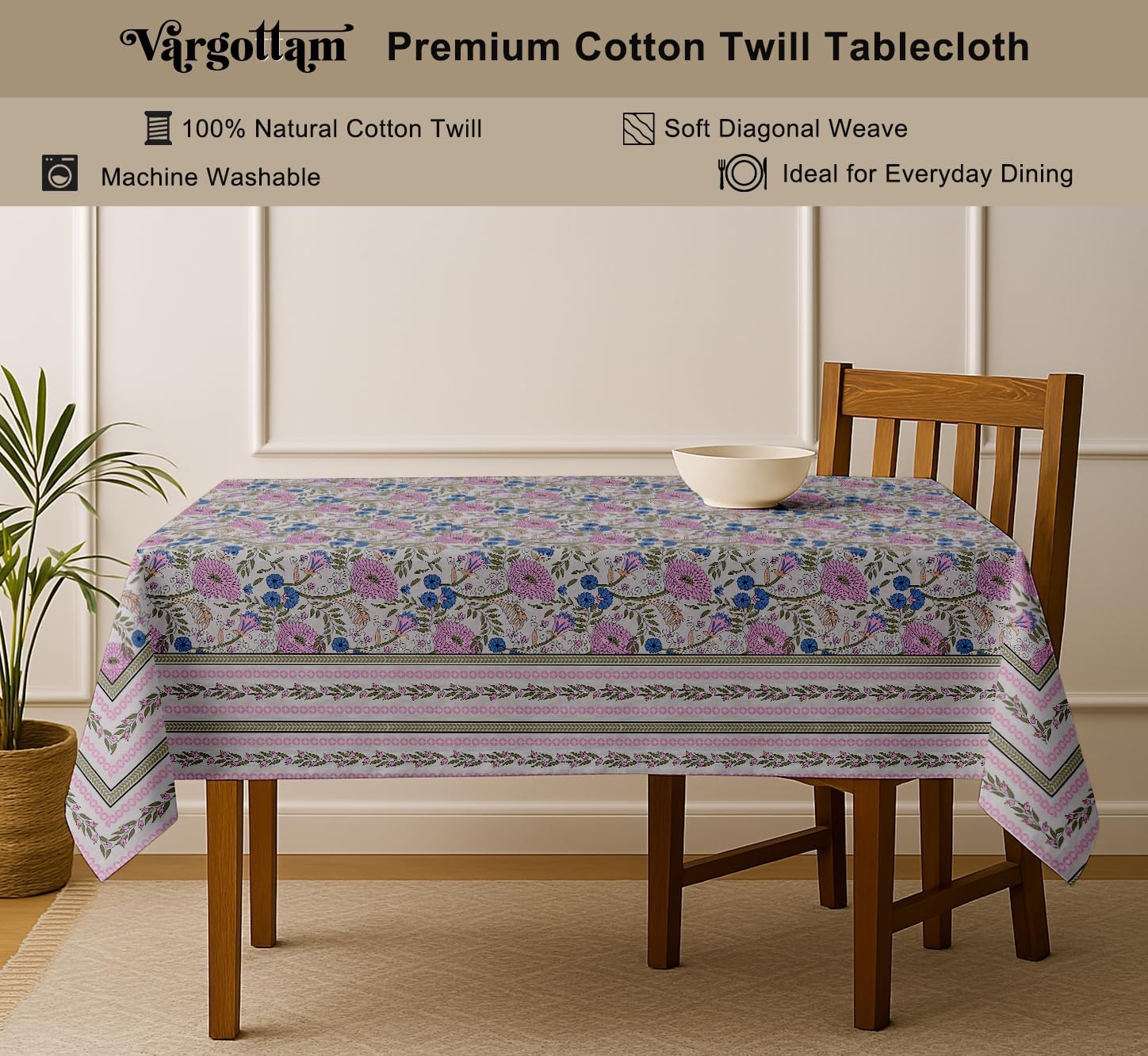 Floral Design Tablecloth - Pink 54X54 Inch Cotton Twill Dining Table Cover, Perfect for 4 Seater Tables, Durable, Washable, Wrinkle Resistant, Ideal for Festive Occasions & Gatherings