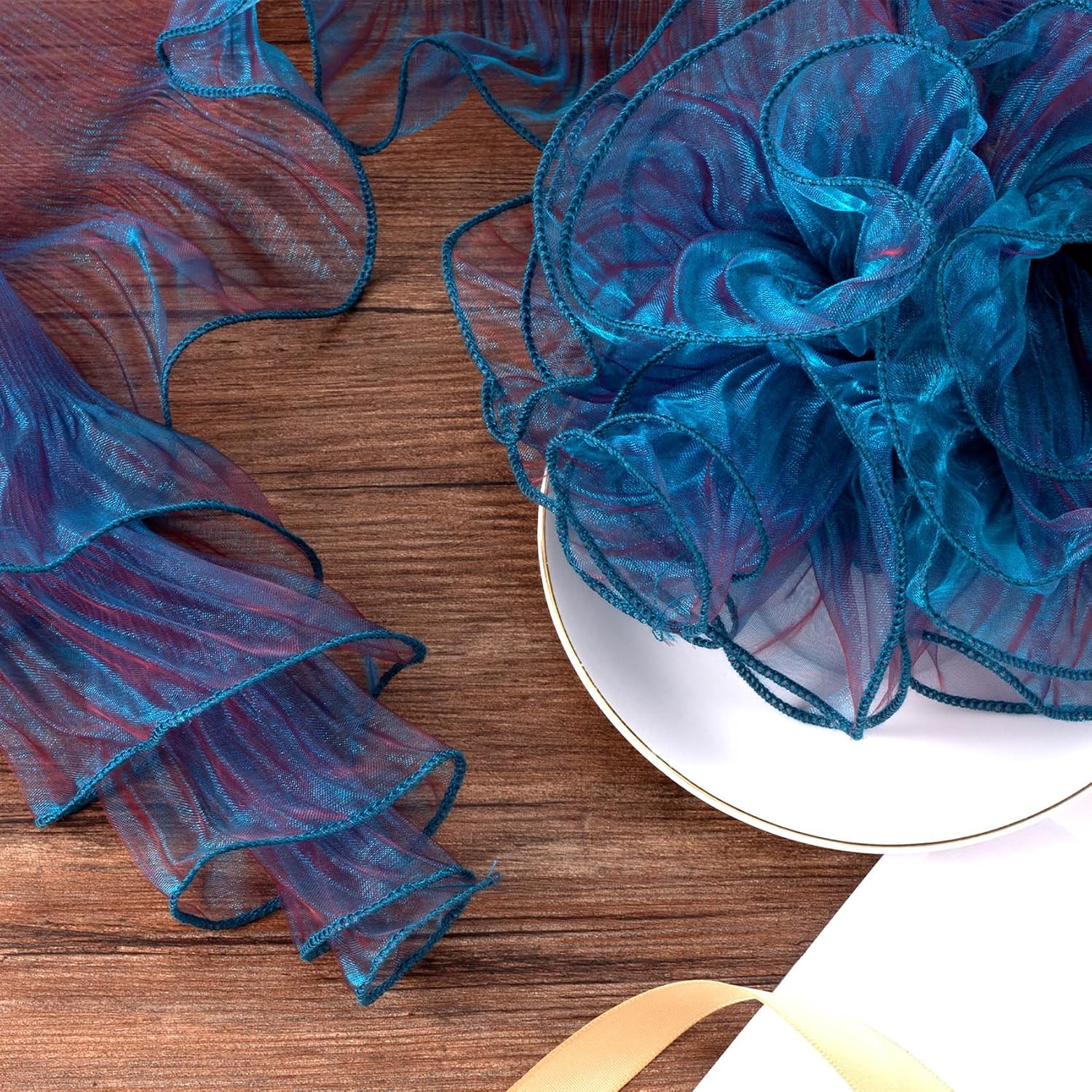 SmallCat 5 Yard Organza Ruffled Fabric, Retro Ruffle Tulle Lace Border, Pleated Chiffon Trim Ribbon for Sewing Clothes Dress Bag Cake Decoration- Gradient Purple Blue
