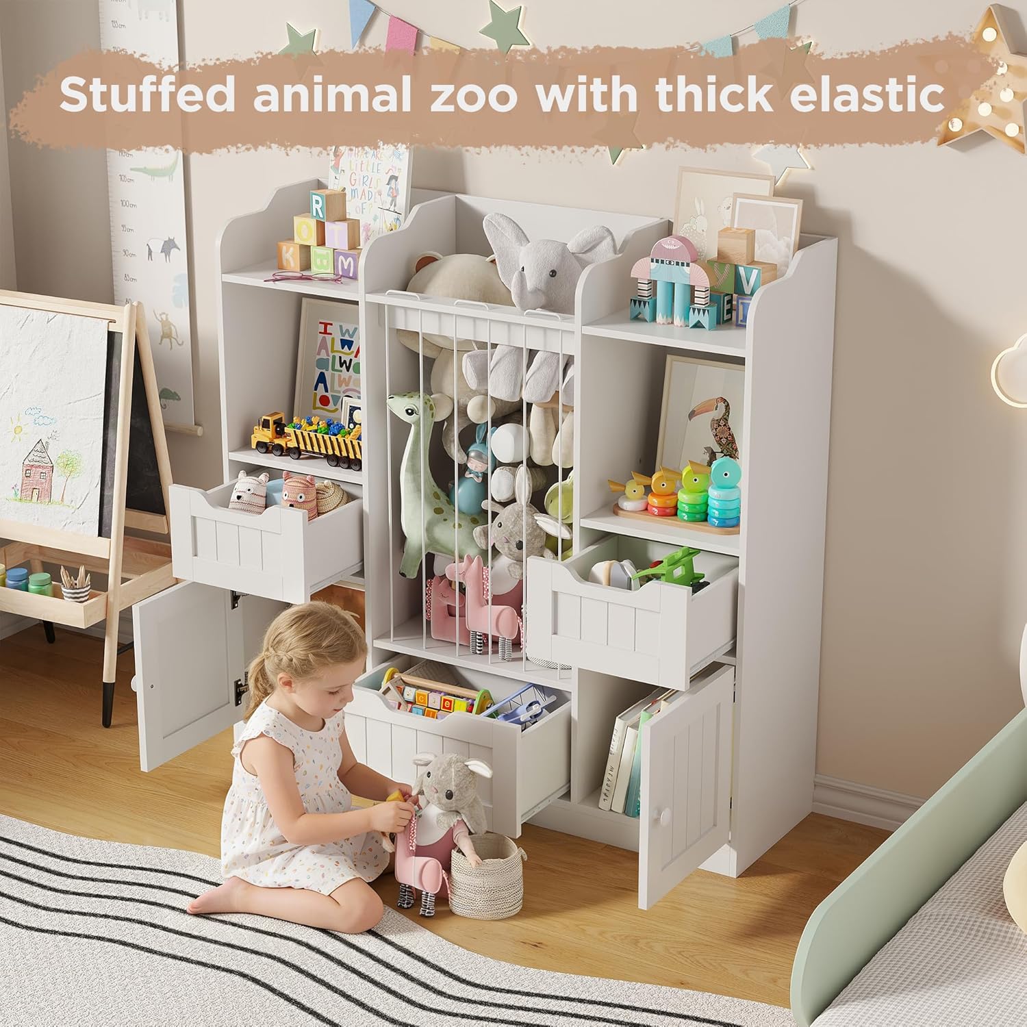 Vabches Kids Toy Storage Organizer with Stuffed Animal Storage, Kids Bookshelf with 3 Drawers and 2 Cabinets for Kids Room,Playroom,Nursery (White)