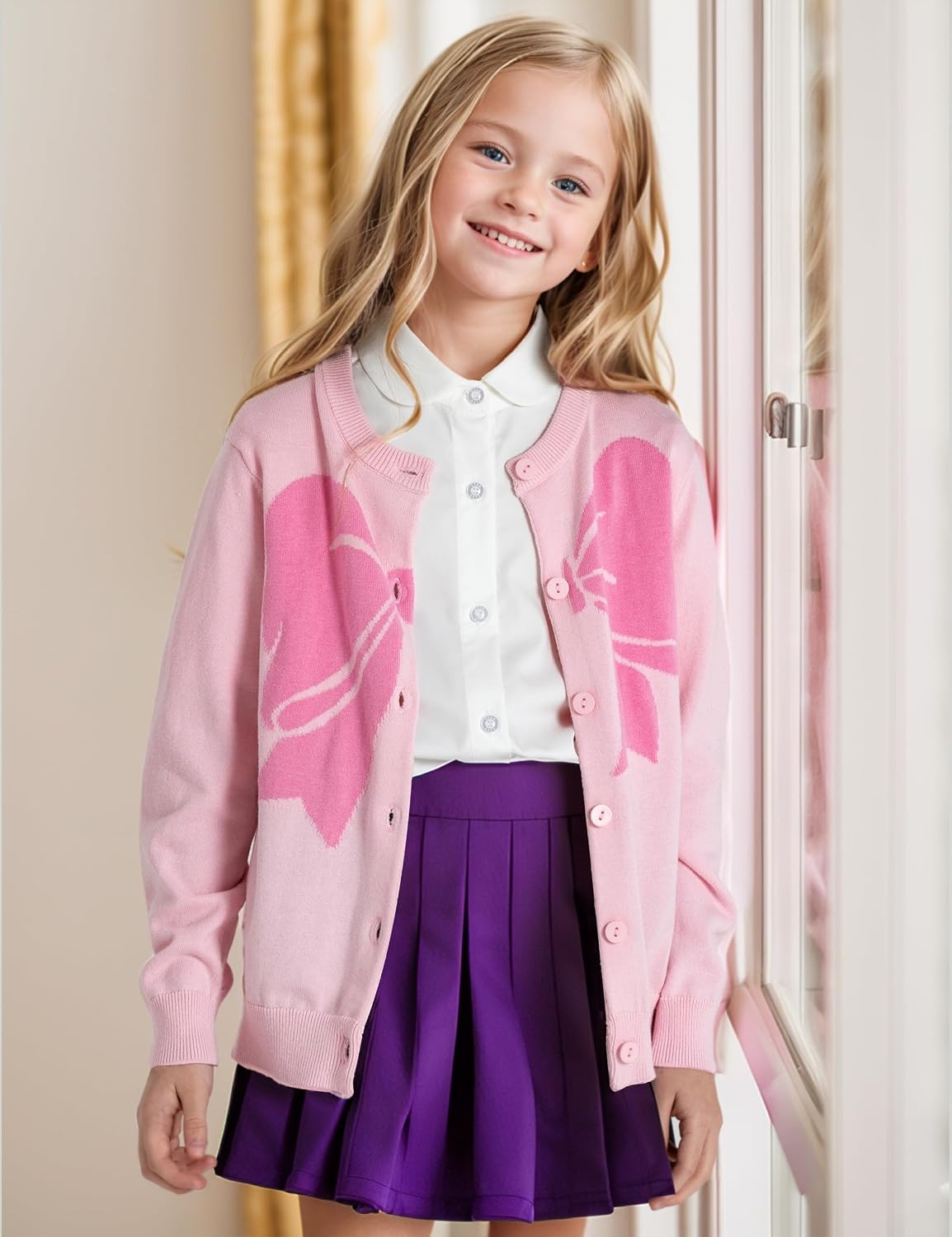 JSTEX Girls Cotton Cardigan Cute Kids Bow Sweater Button Front