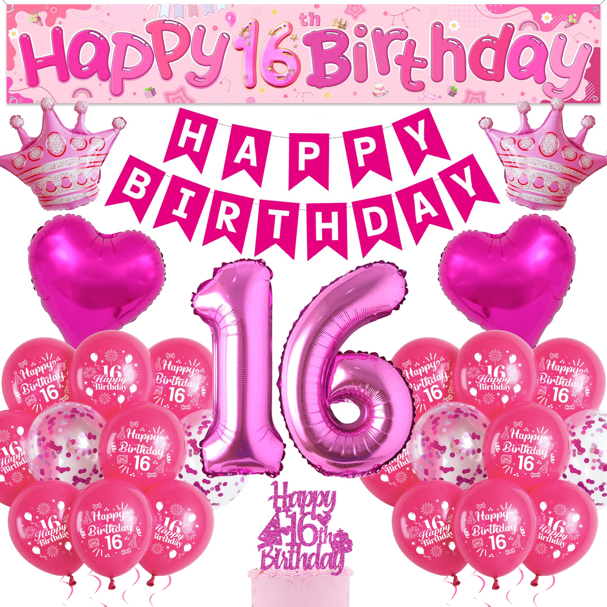 16th Birthday Decorations Balloon Set - Hot Pink Happy Birthday Banners Kit with Cake Topper, Number 16 Balloon and Yard Banner for Boys Girls 16 Years Old Birthday Party Supplies