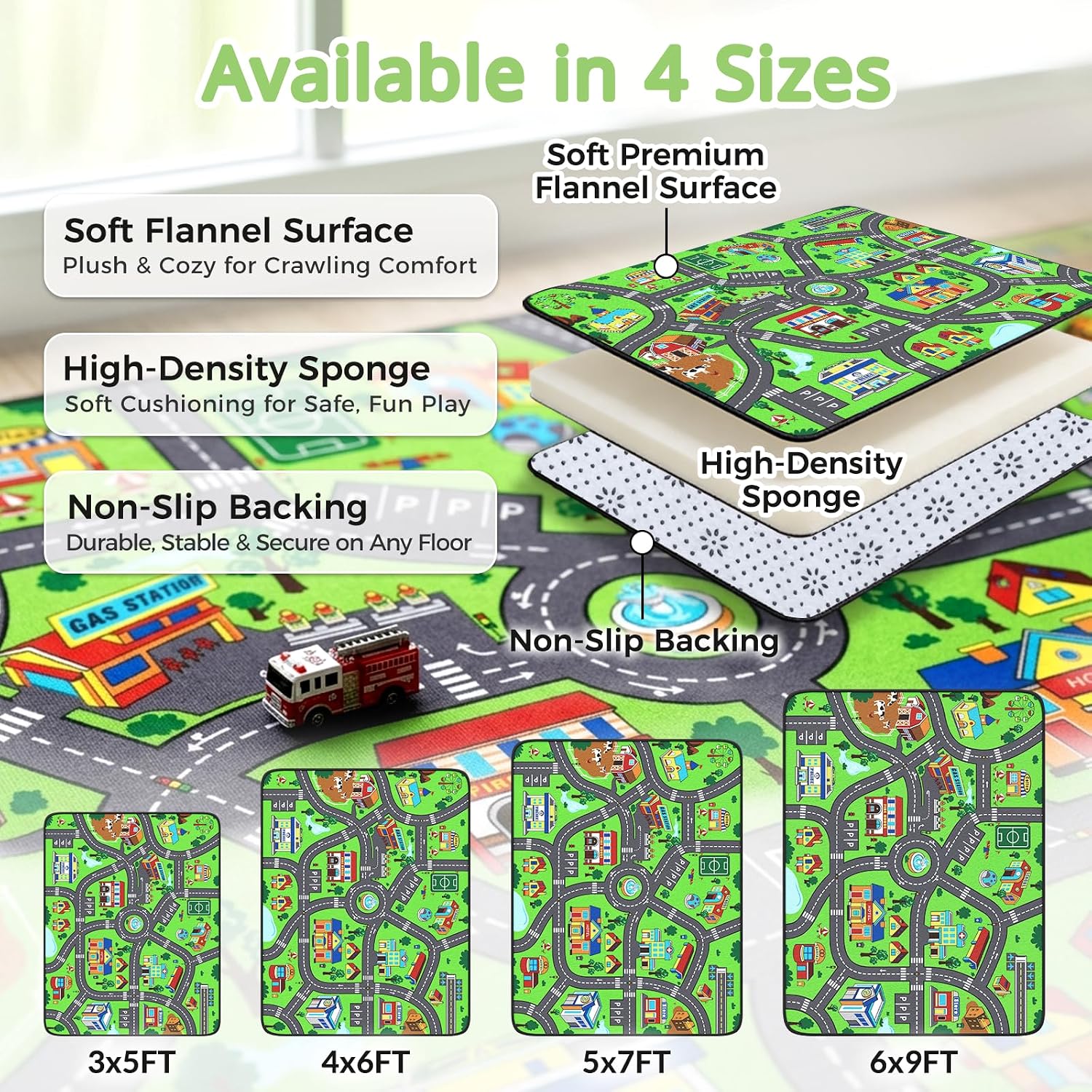 Kids Rug, 3x5 Ft City Road Play Rug for Kids – Extra Thick 0.4in Soft Non-Slip Car Carpet Play Mat with Realistic Roads for Toy Cars, Livingroom,Bedroom, Playroom & Nursery