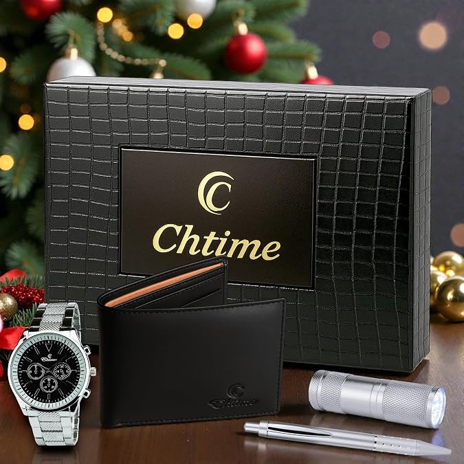 Gift Set Men's Watch Black - LED Lamp LED - Wallet -Pen