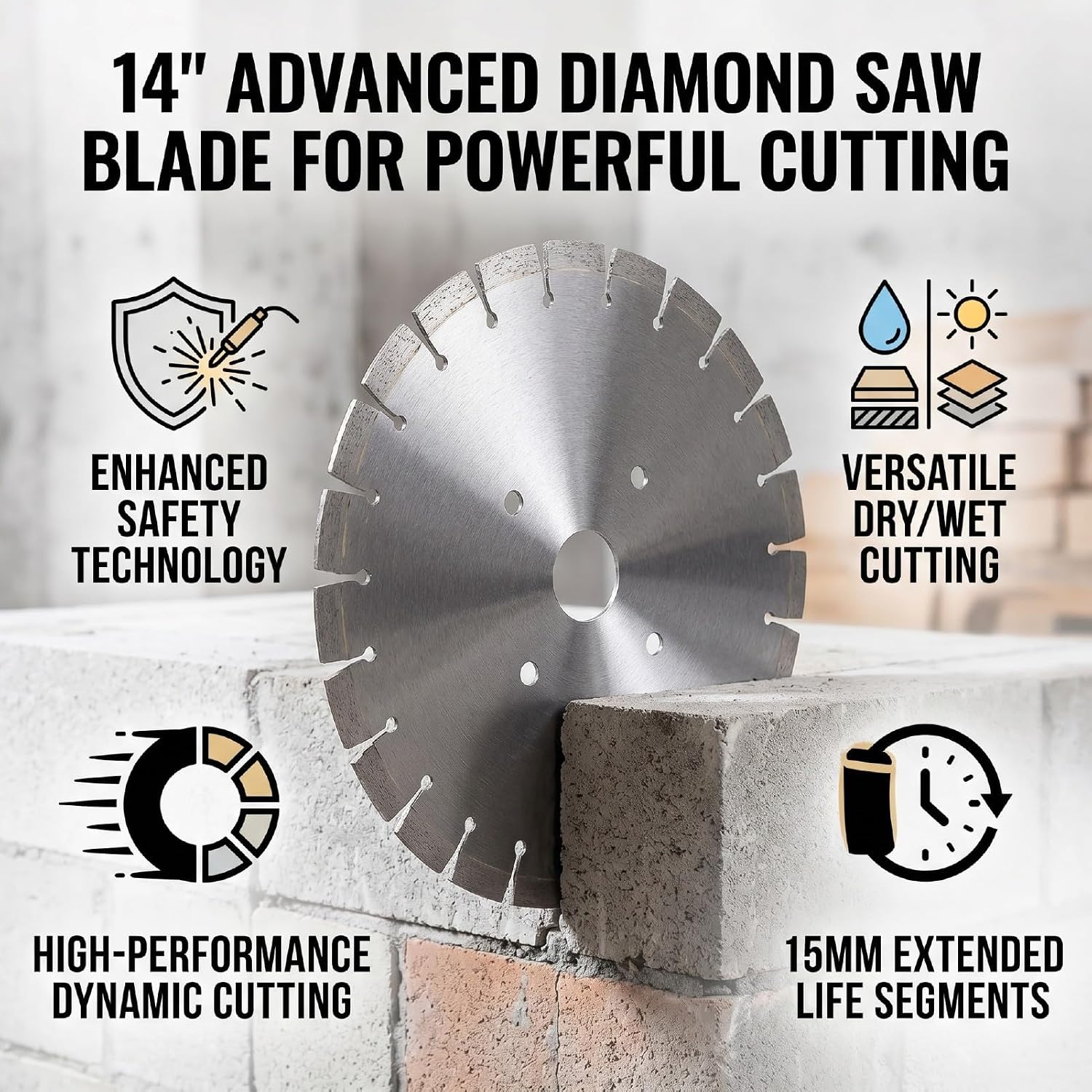 Fafeicy 14 Inch Saw Blade, Welded Segmented for Dry Wet Cutting, Concrete Masonry Brick Stone Cutting Disc with 2 Inch Arbor Hole for Professional Masons
