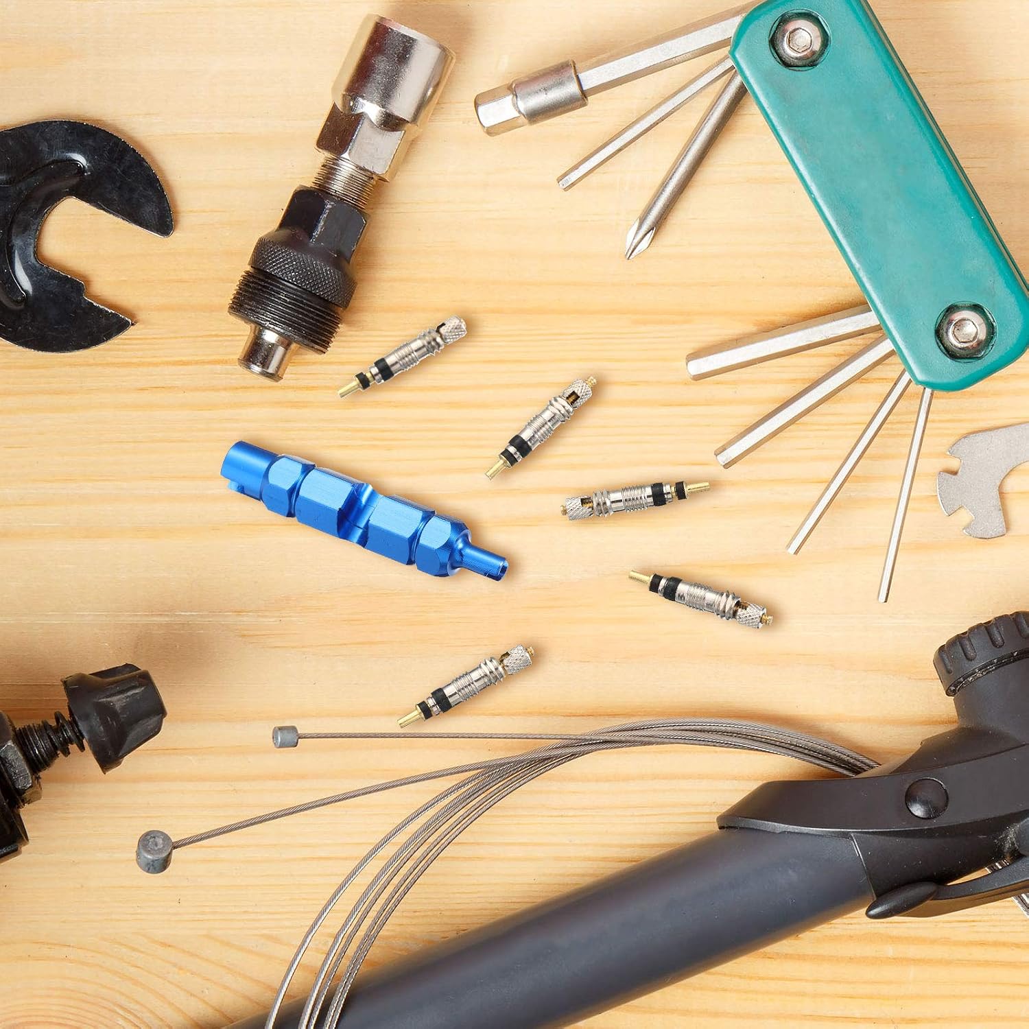 Valve Core Remover Tool Kit Blue Bicycle Valve Core Tightening Tool and 10 Pieces Valve Cores Brass for Bike Bicycle Tire Application