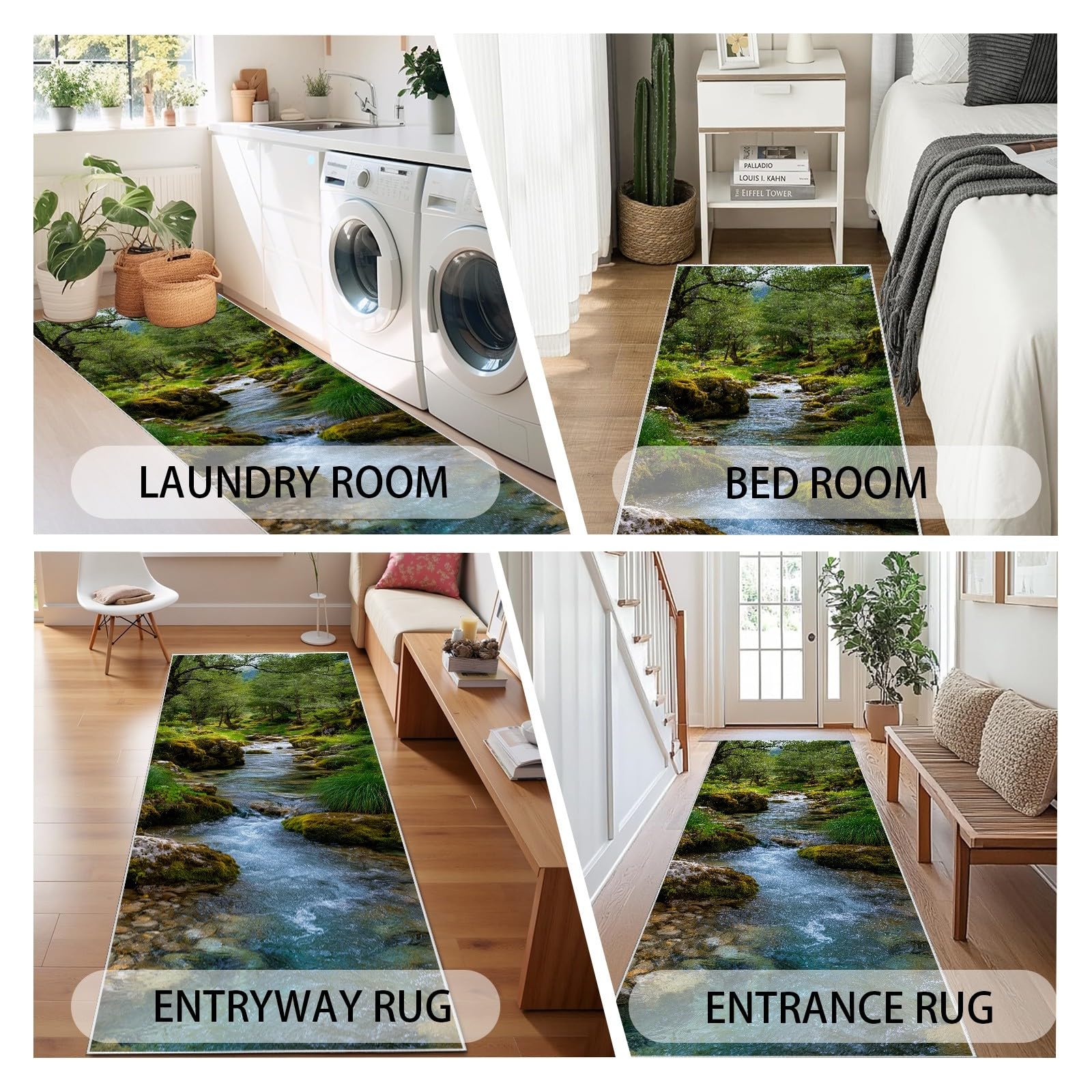 Wald Creek Teppich Läufer, Küchenteppich Moos Felsen Teppiche Waschbarer rutschfest 80x200 cm, Natur Bachtal Teppichläufer, Carpet für Flur Schlafzimmer Küche