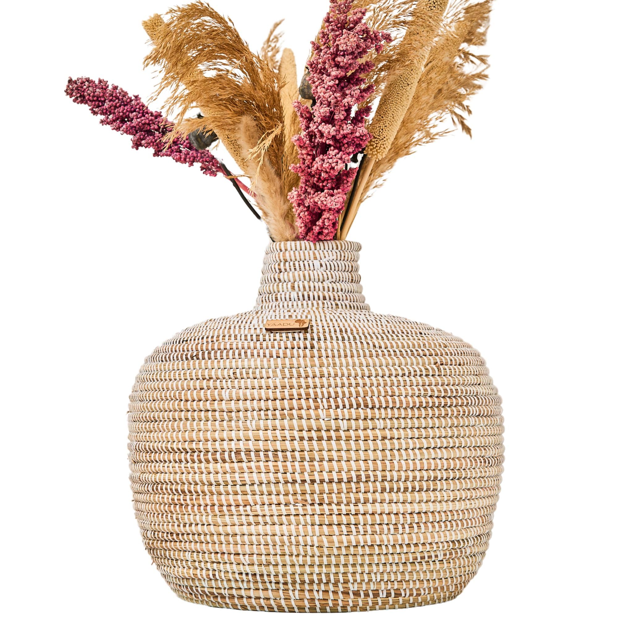 arrón Grande para Pampas 37 cm Cesta Trenzada para Flores secas Decorativa | Hierba de sabana y plástico reciclado, abertura 10 cm, hecho a mano, estilo boho, jarrón decorativo, macetero, modelo Namibia