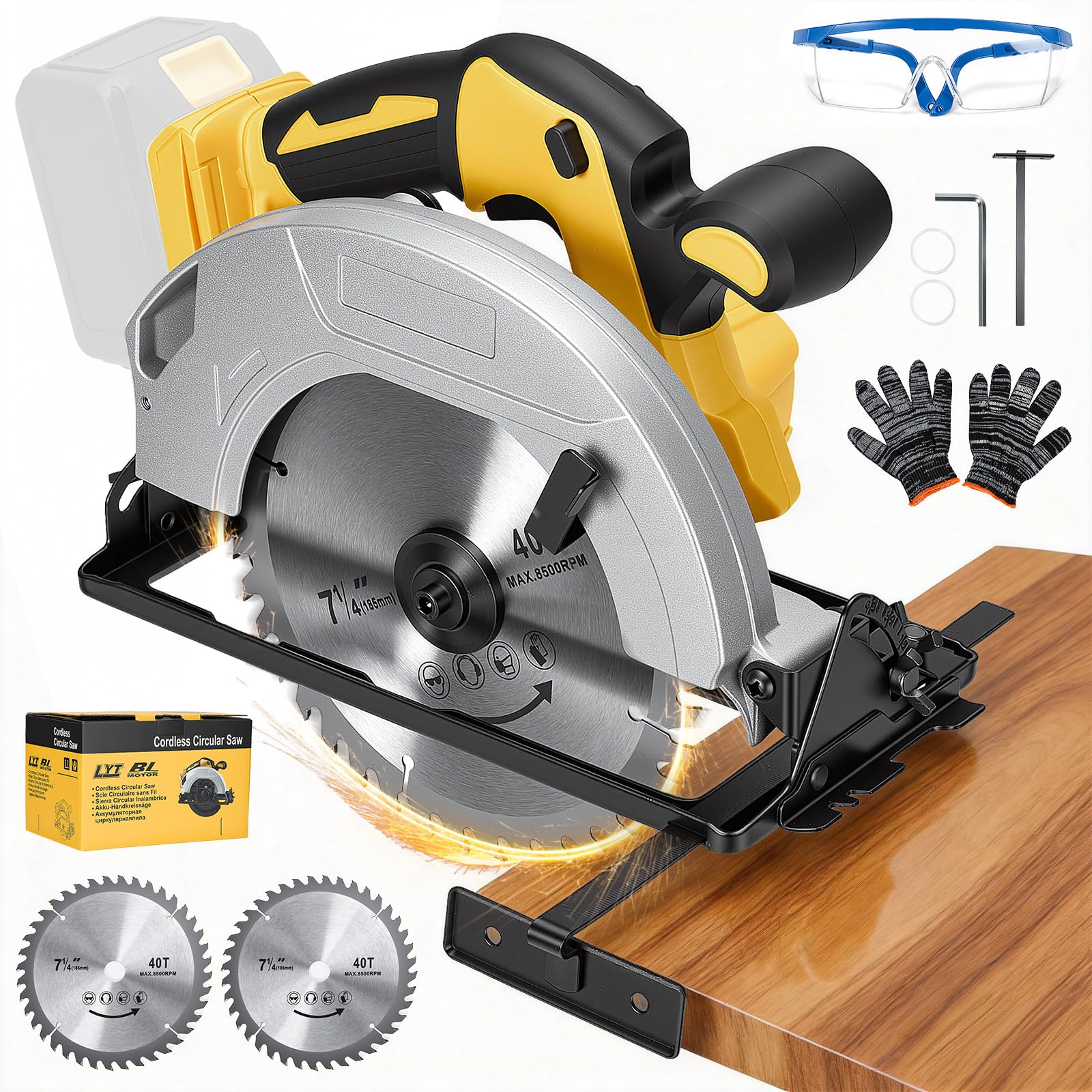 Cordless Circular Saw Compatible for Dewalt Max 20V Battery, 8500RPM Brushless Motor, 7-1/4" 40T Blade, 45° Bevel Cutting, Electric Saws for Wood, PVC & Plywood Projects, No Battery
